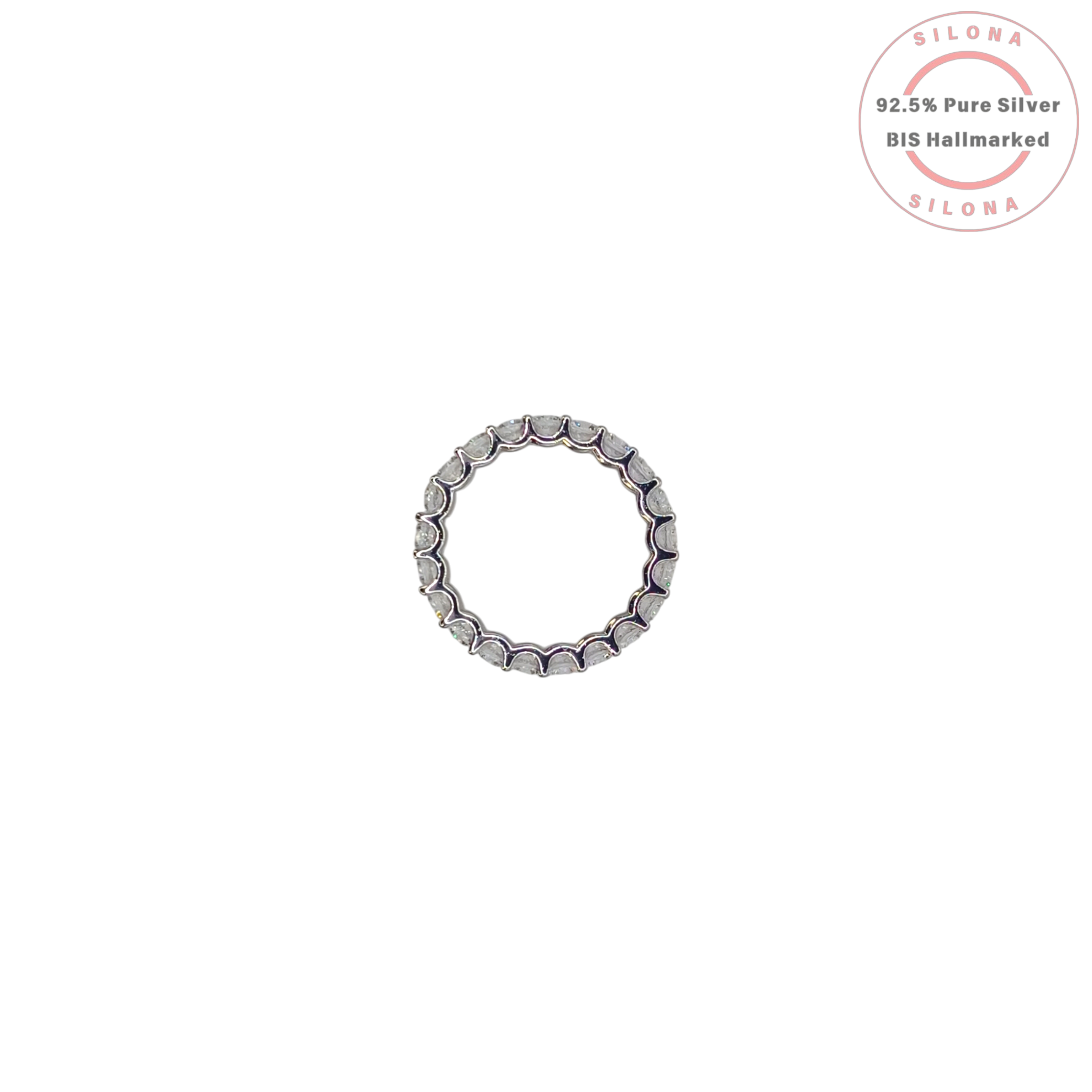 Silona Icy Blue Eternity Ring featuring round-cut, light blue cubic zirconia stones set in a 92.5 sterling silver band, shot on a white background.