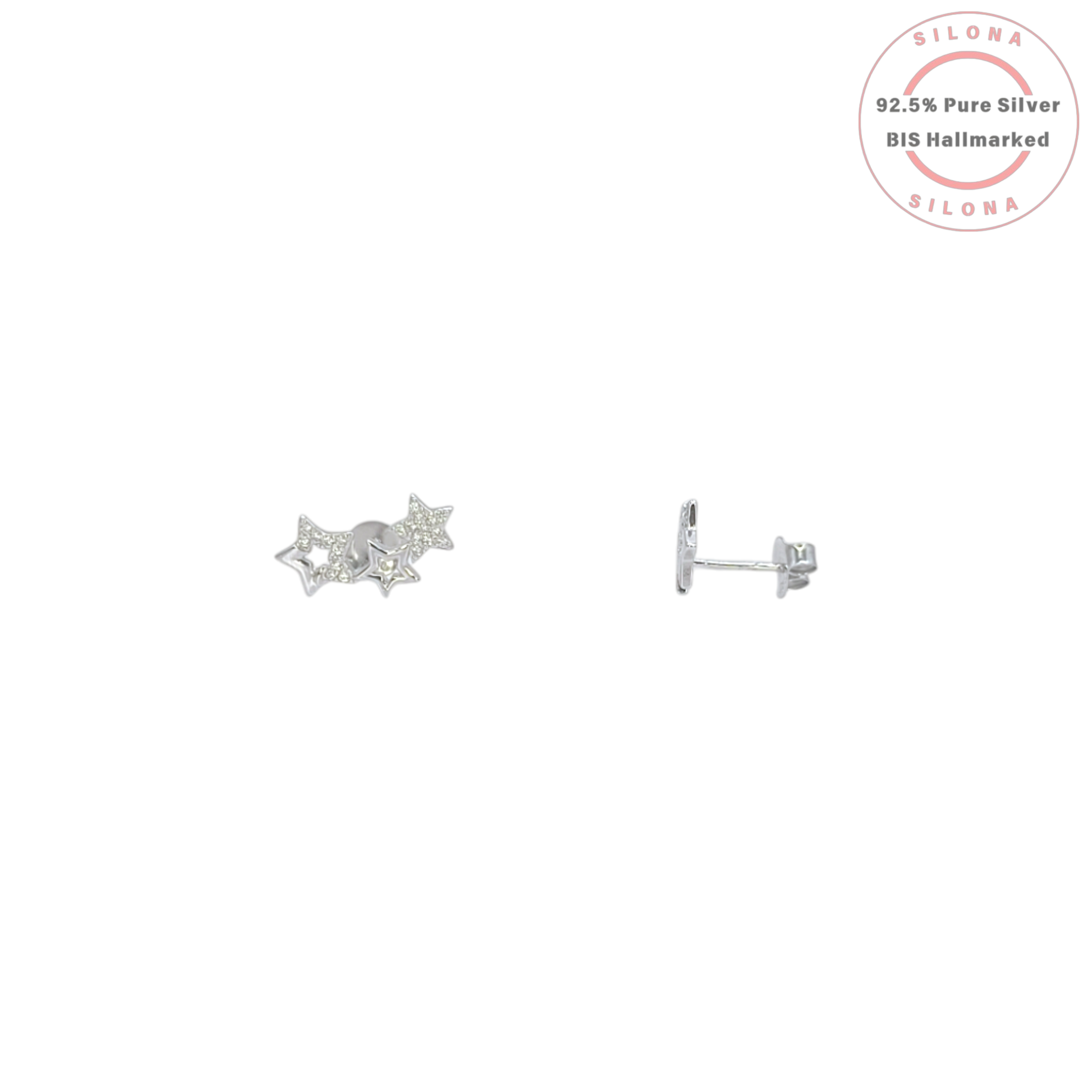 Pair of Celestial Star Cluster Stud Earrings in 92.5 silver, with pave cubic zirconia and polished star details, on a white background.