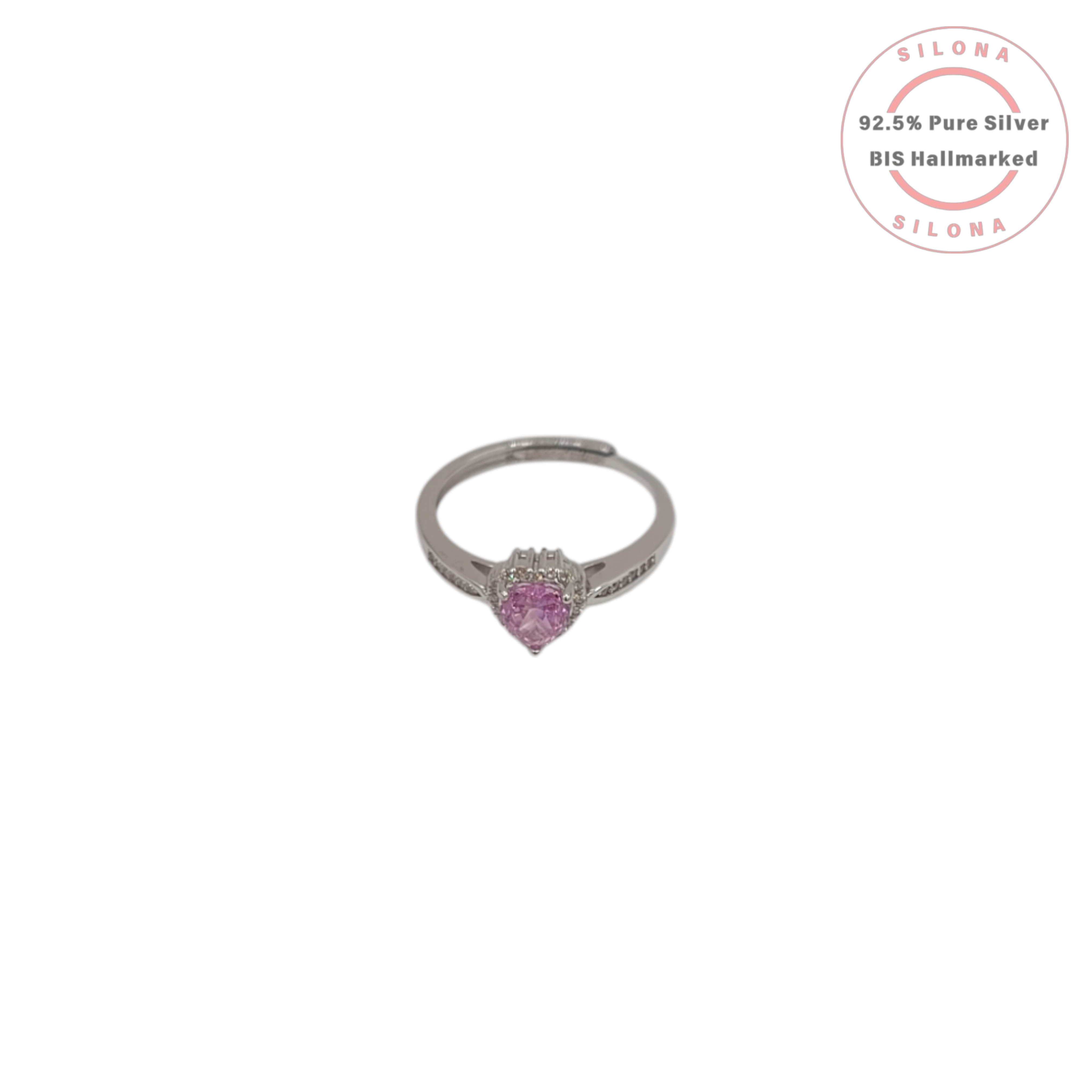 An adjustable silver ring featuring a central pink heart-shaped cubic zirconia, framed by a halo of clear stones on a pavé band, set against a white background.