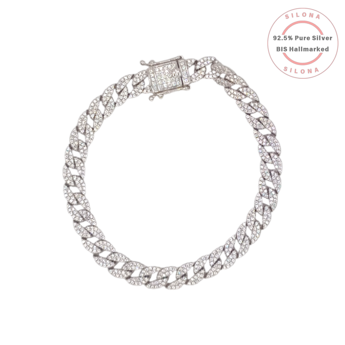 A men's iced out curb link bracelet, crafted from 92.5 silver and fully pavé-set with clear cubic zirconia, featuring a box clasp, on a white background.