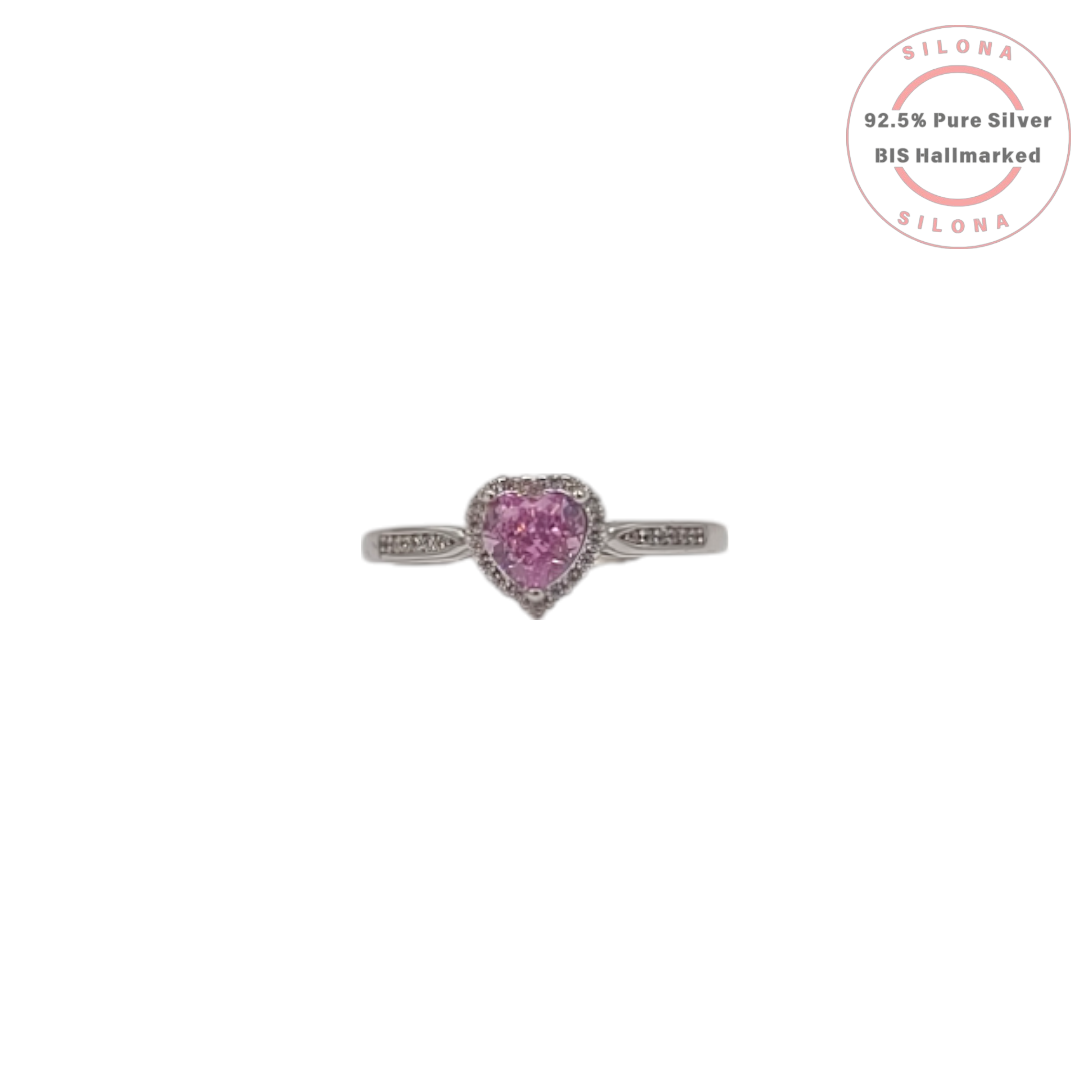 An adjustable silver ring featuring a central pink heart-shaped cubic zirconia, framed by a halo of clear stones on a pavé band, set against a white background.