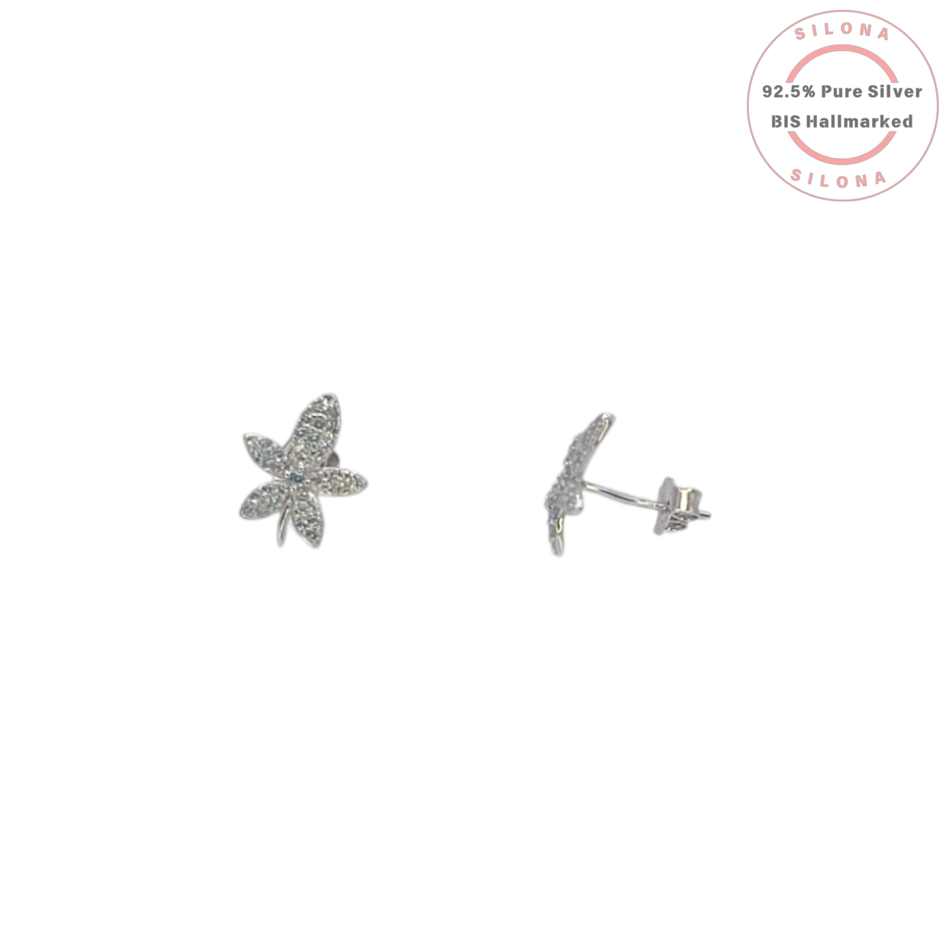 A pair of silver floral stud earrings, fully paved with sparkling cubic zirconia, on a white background.