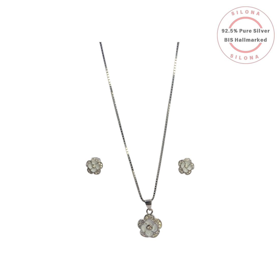 Silona Ivory Enamel Floral Necklace and Earring Set in 92.5 Sterling Silver on a white background.