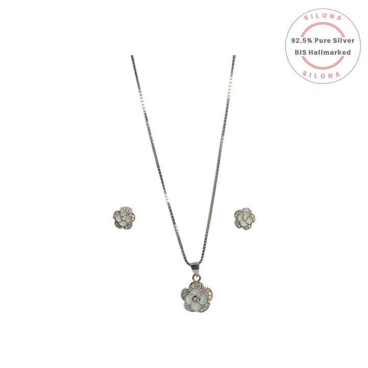 Silona Ivory Enamel Floral Necklace and Earring Set in 92.5 Sterling Silver on a white background.