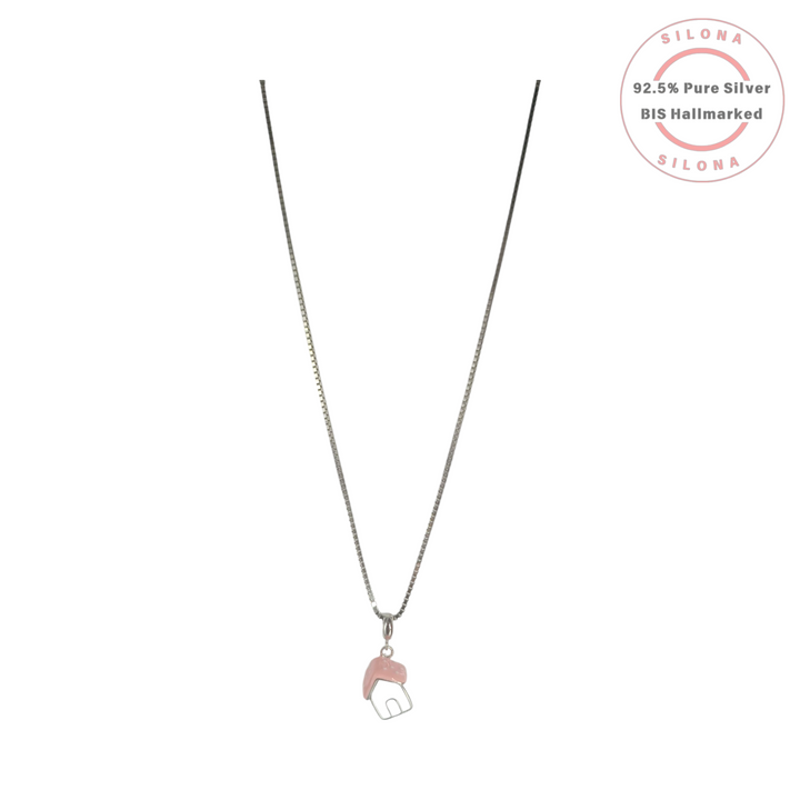 Silona Minimalist Rose Quartz House Pendant Necklace in 92.5 Silver on a box chain.