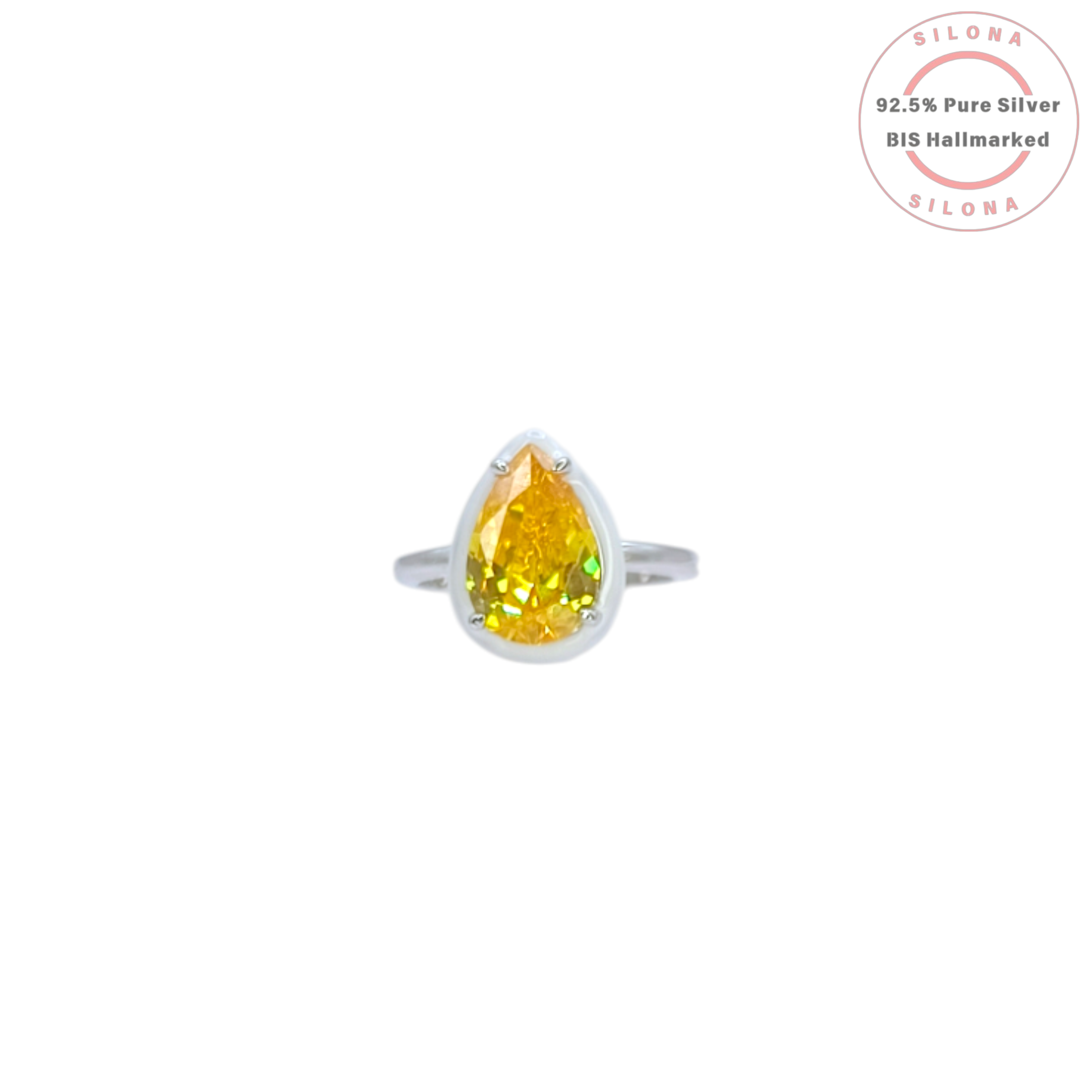 Front view of a sterling silver ring featuring a large, pear-cut canary yellow cubic zirconia stone in a modern bezel setting.