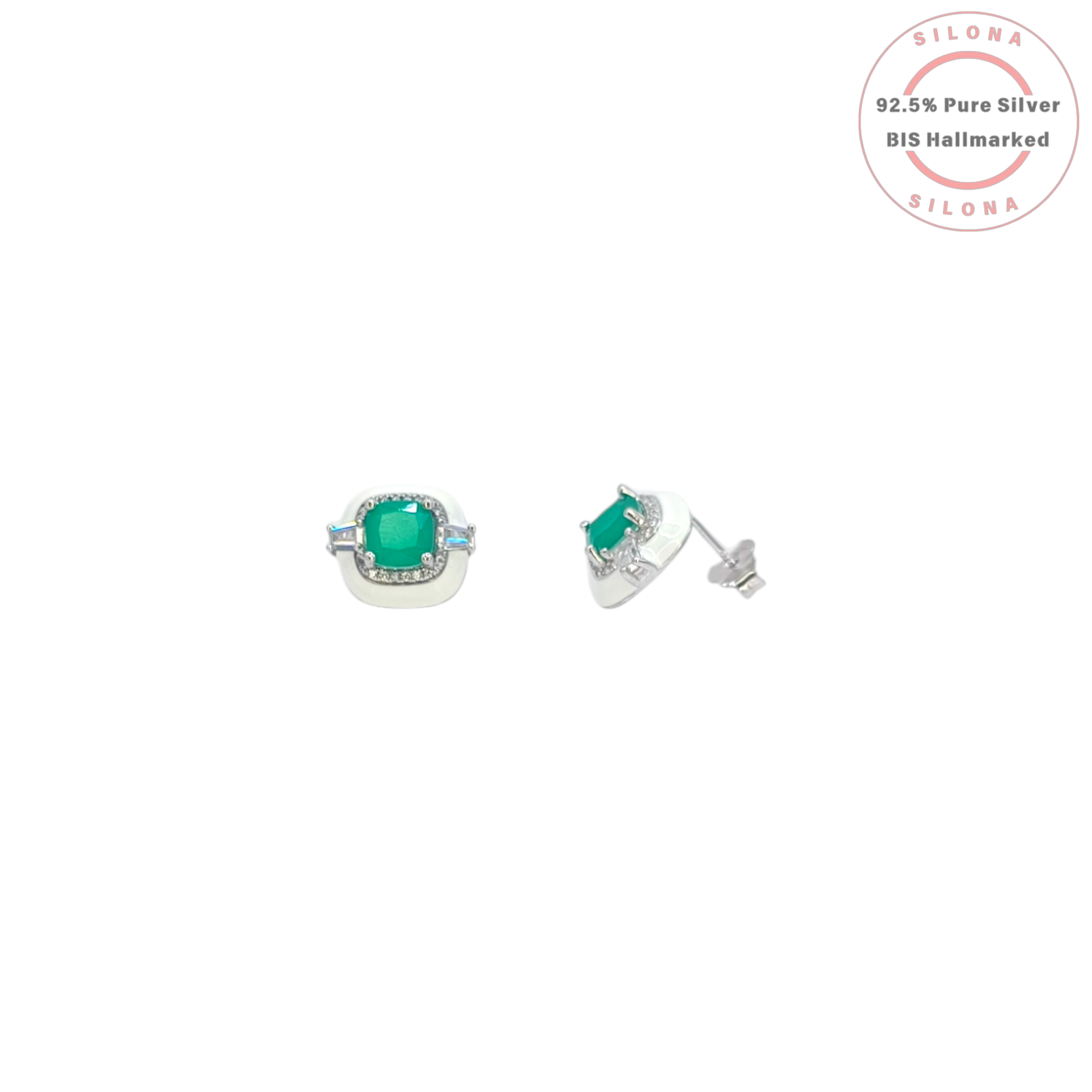 A pair of Art Deco style stud earrings featuring square-cut emerald green stones, surrounded by a white enamel frame and flanked by clear baguette cubic zirconia, crafted in 92.5 silver on a white background.