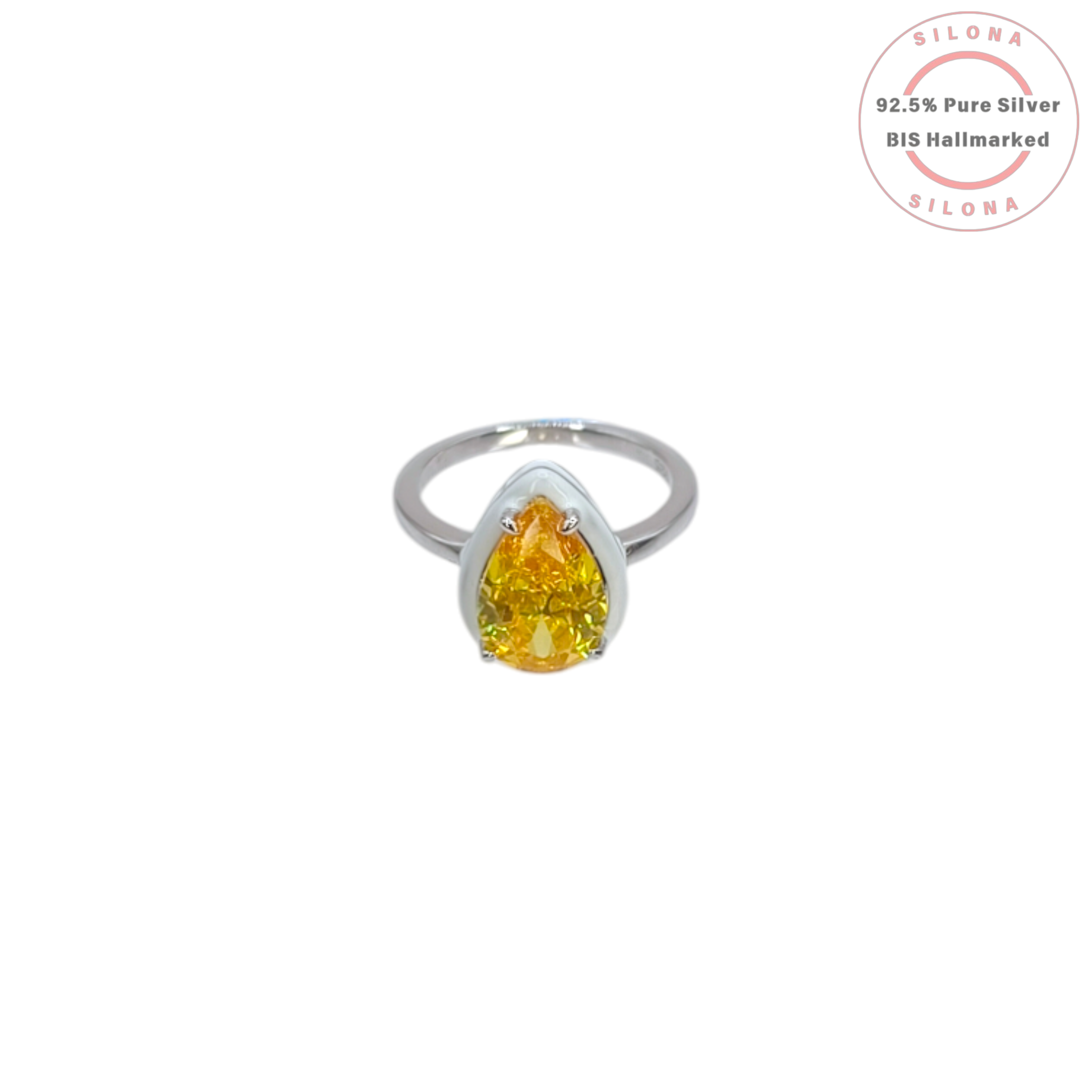 Front view of a sterling silver ring featuring a large, pear-cut canary yellow cubic zirconia stone in a modern bezel setting.