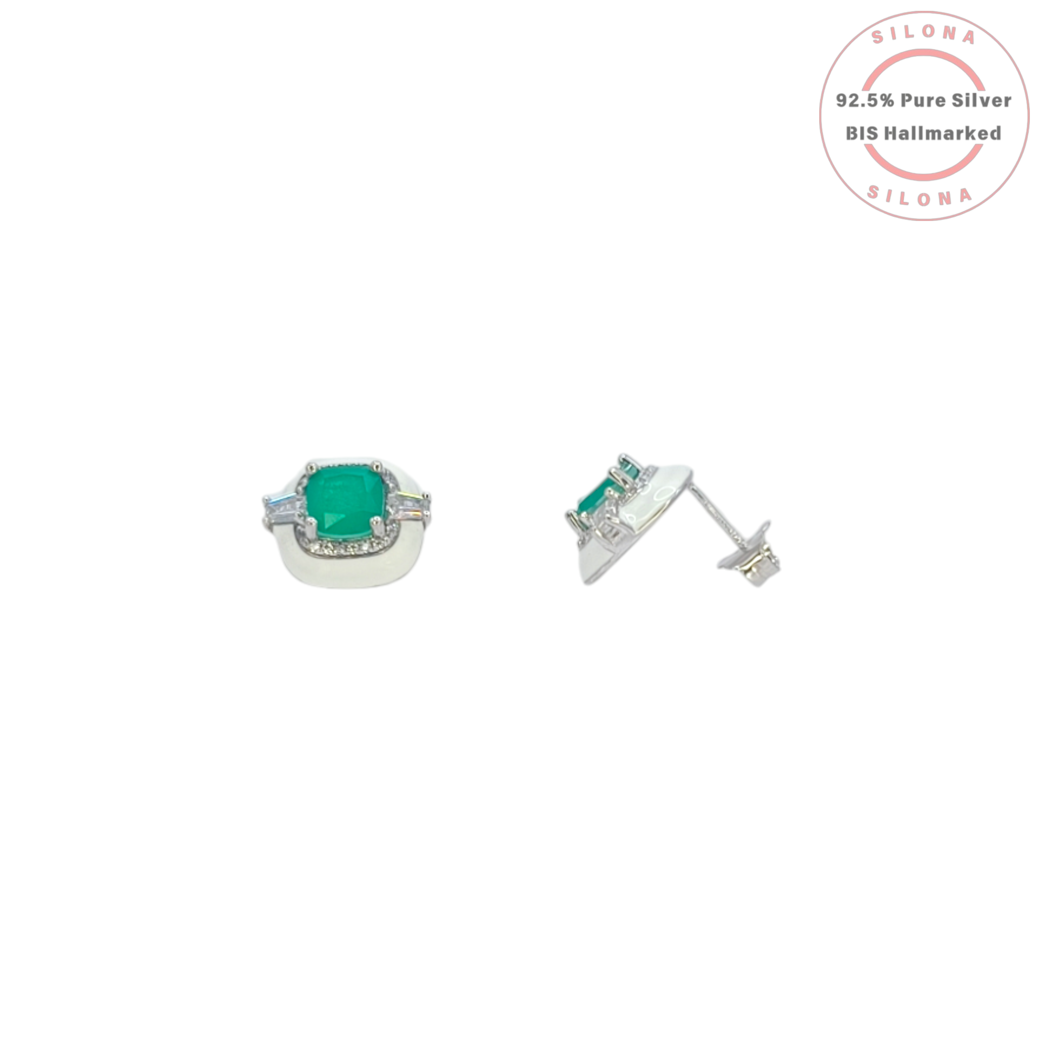 A pair of Art Deco style stud earrings featuring square-cut emerald green stones, surrounded by a white enamel frame and flanked by clear baguette cubic zirconia, crafted in 92.5 silver on a white background.