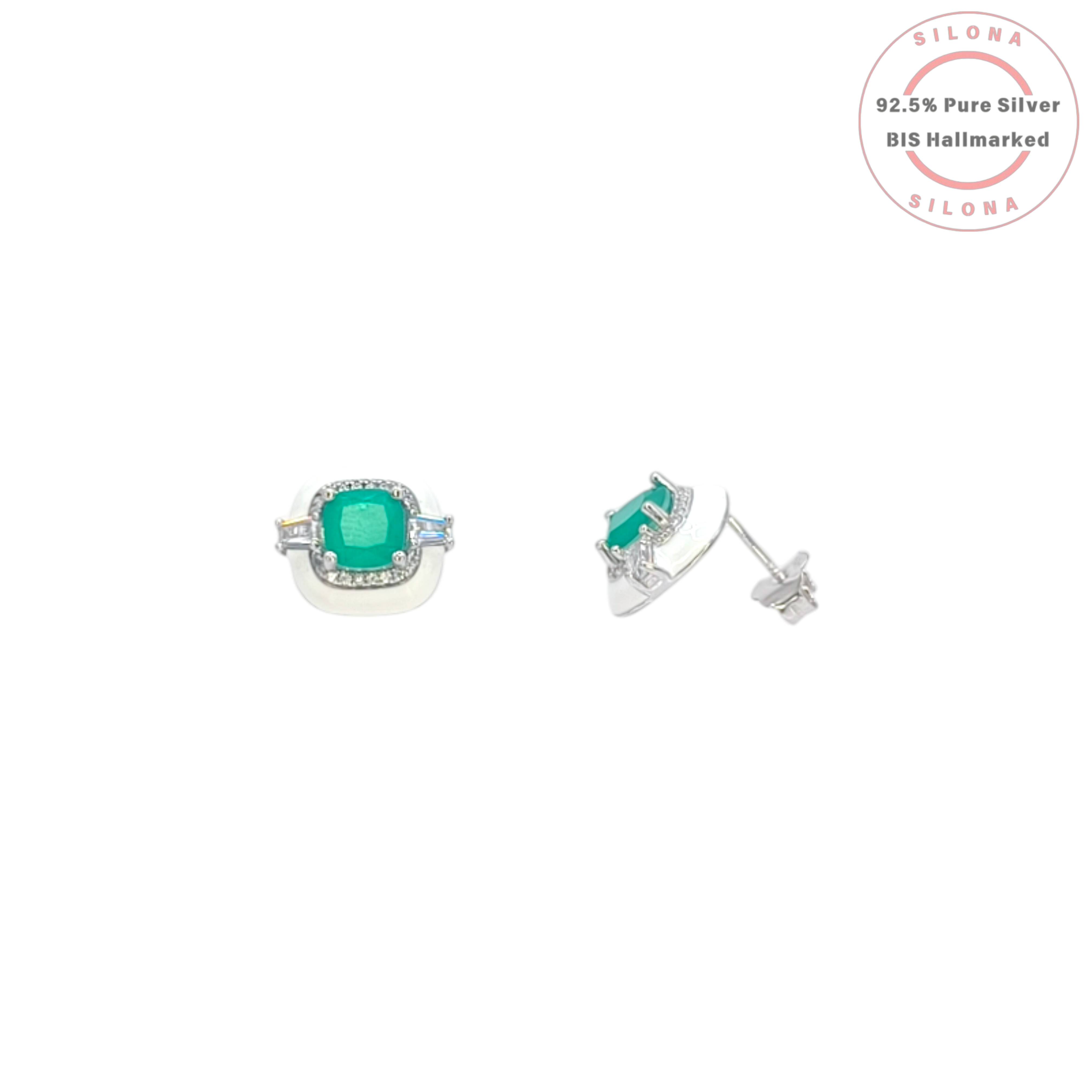 A pair of Art Deco style stud earrings featuring square-cut emerald green stones, surrounded by a white enamel frame and flanked by clear baguette cubic zirconia, crafted in 92.5 silver on a white background.