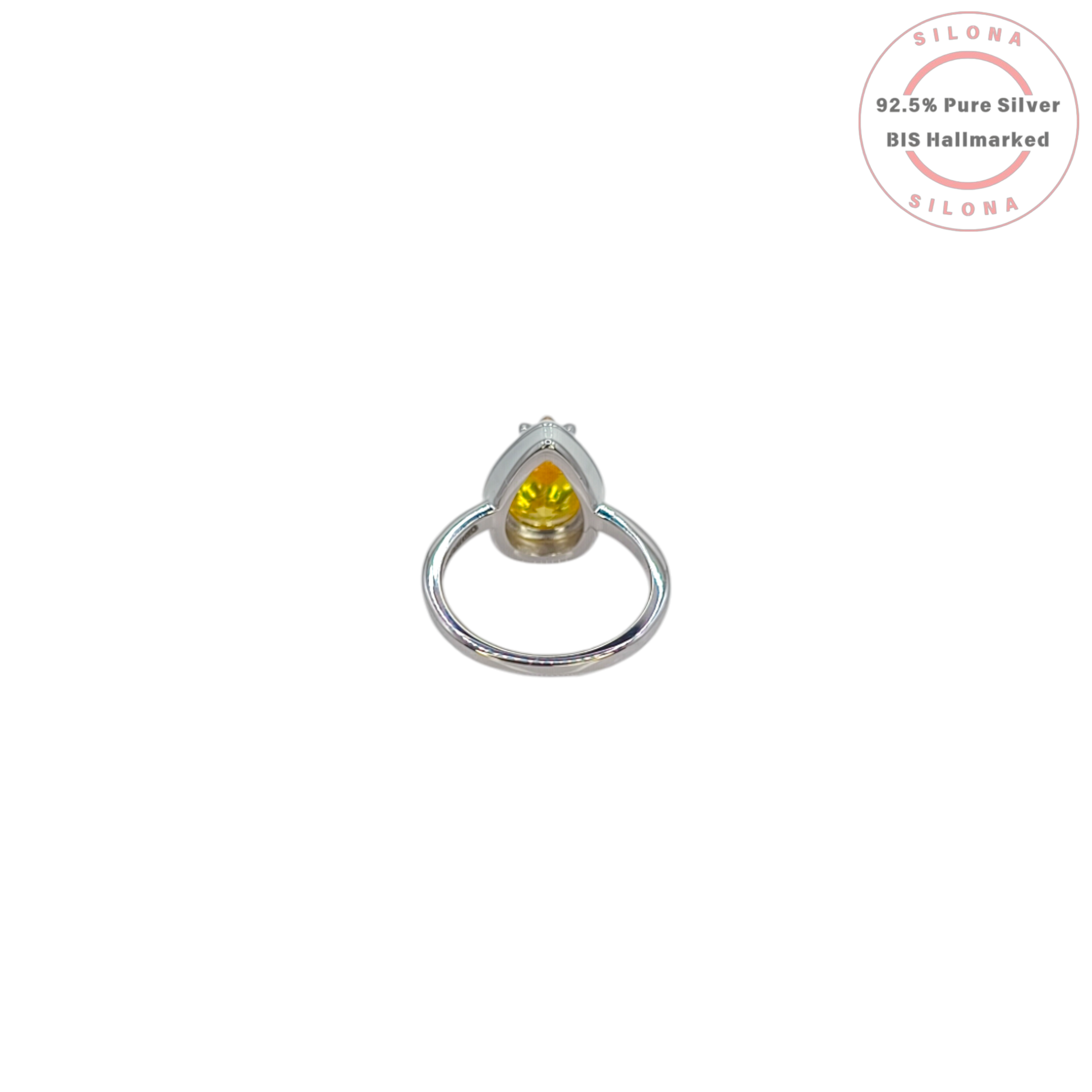 Front view of a sterling silver ring featuring a large, pear-cut canary yellow cubic zirconia stone in a modern bezel setting.