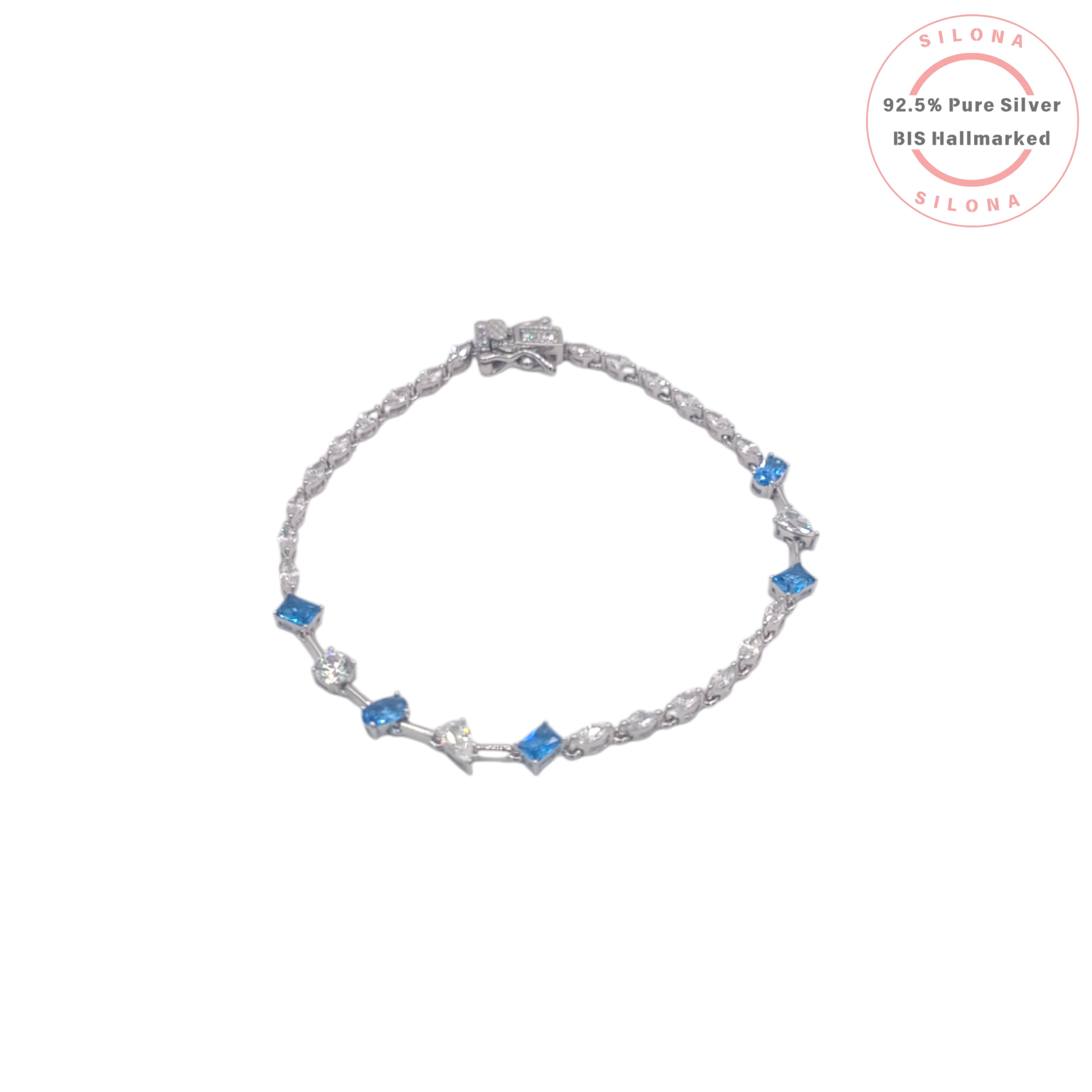 92.5 Sterling Silver Azure Radiance Bracelet with Blue & Clear Stones | BIS Hallmarked