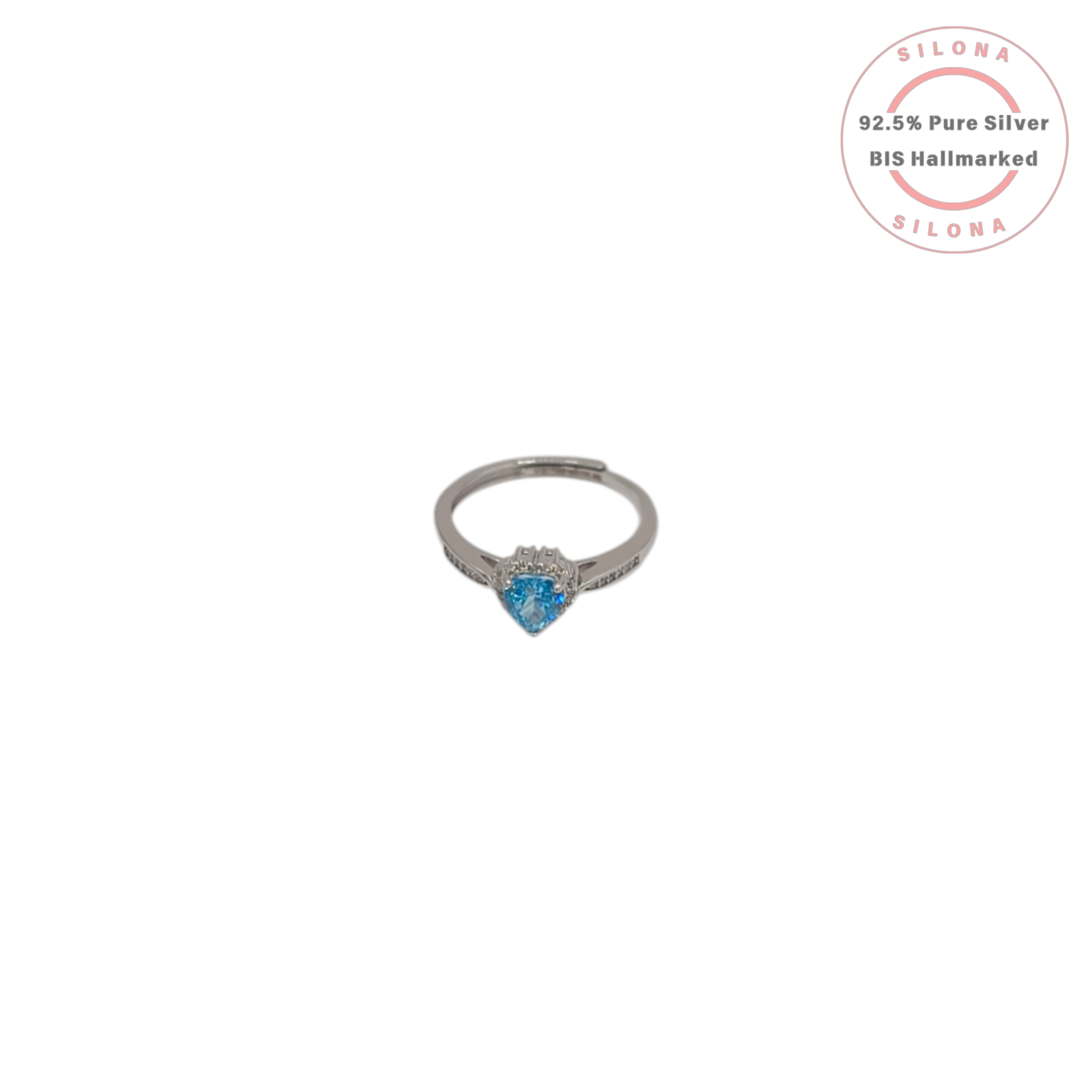 Silona Classic Aquamarine Hue Heart Ring in 92.5 silver, featuring a central light blue heart-shaped stone with a halo setting, on a white background.