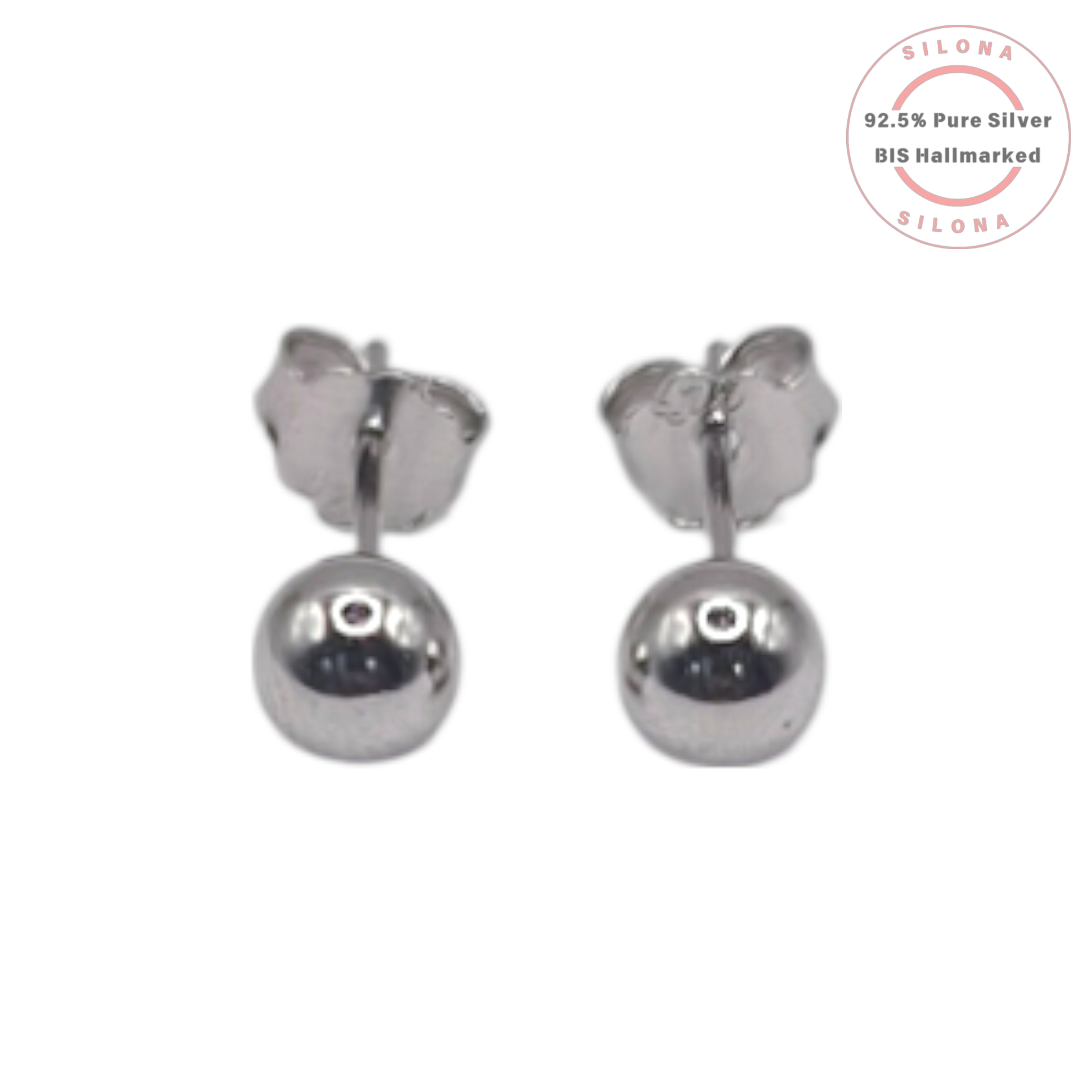A pair of classic, small, polished silver ball stud earrings with butterfly backs, shown on a clean white background.