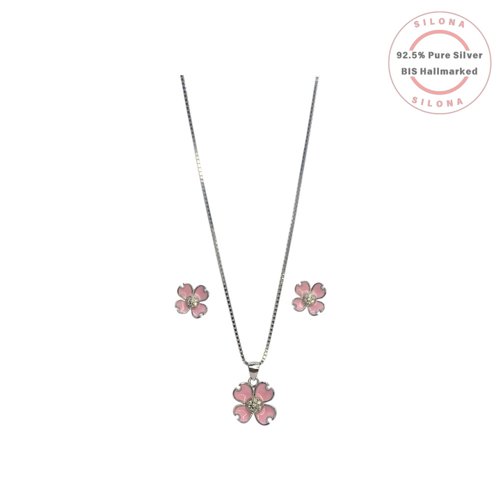 Silona Pink Enamel Blossom Necklace and Earring Set in 92.5 Silver on a white background.