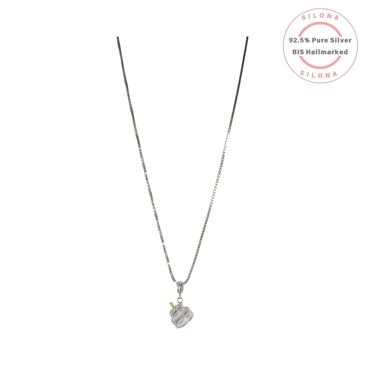 Silona Playful Birthday Cake Pendant Necklace in 92.5 silver on a box chain.