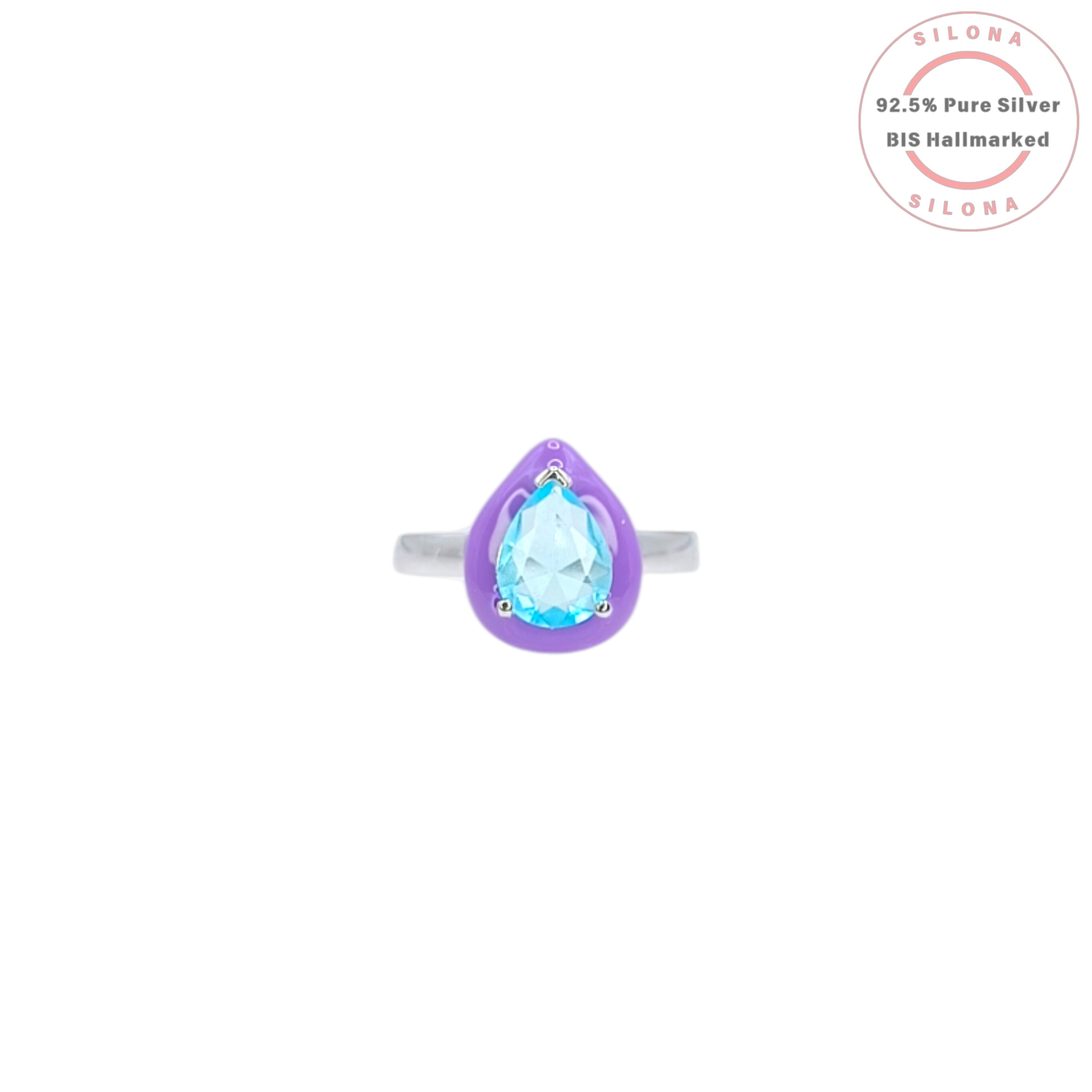 Silona Pop Enamel Ring featuring a pear-cut aqua blue stone set in a vibrant purple enamel base, crafted from 92.5 sterling silver, shown on a white background.