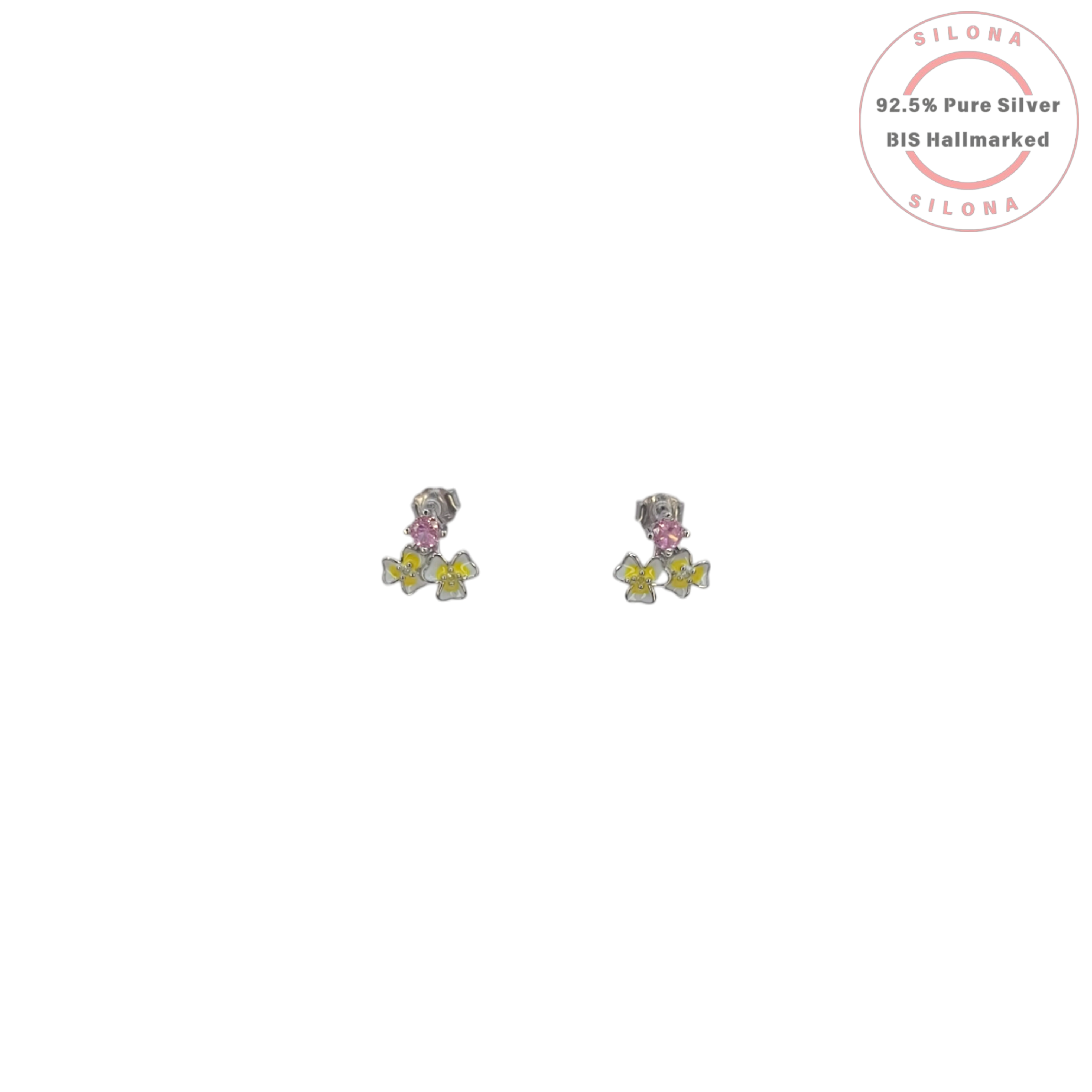 Pair of Silona's Whimsical Enamel Flower Stud Earrings, crafted in 92.5 silver with pink cubic zirconia and yellow enamel flowers, on a white background.