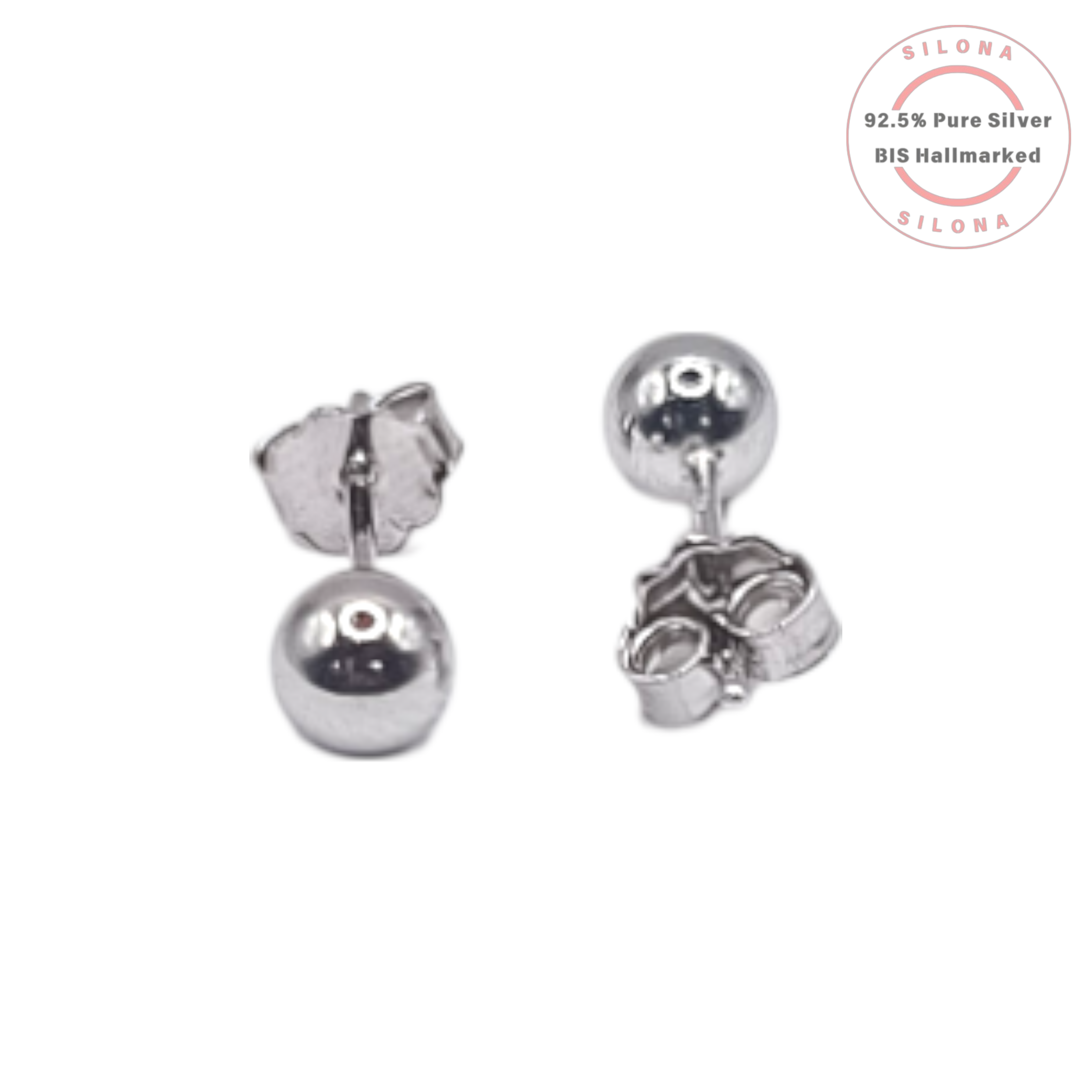 A pair of classic, small, polished silver ball stud earrings with butterfly backs, shown on a clean white background.
