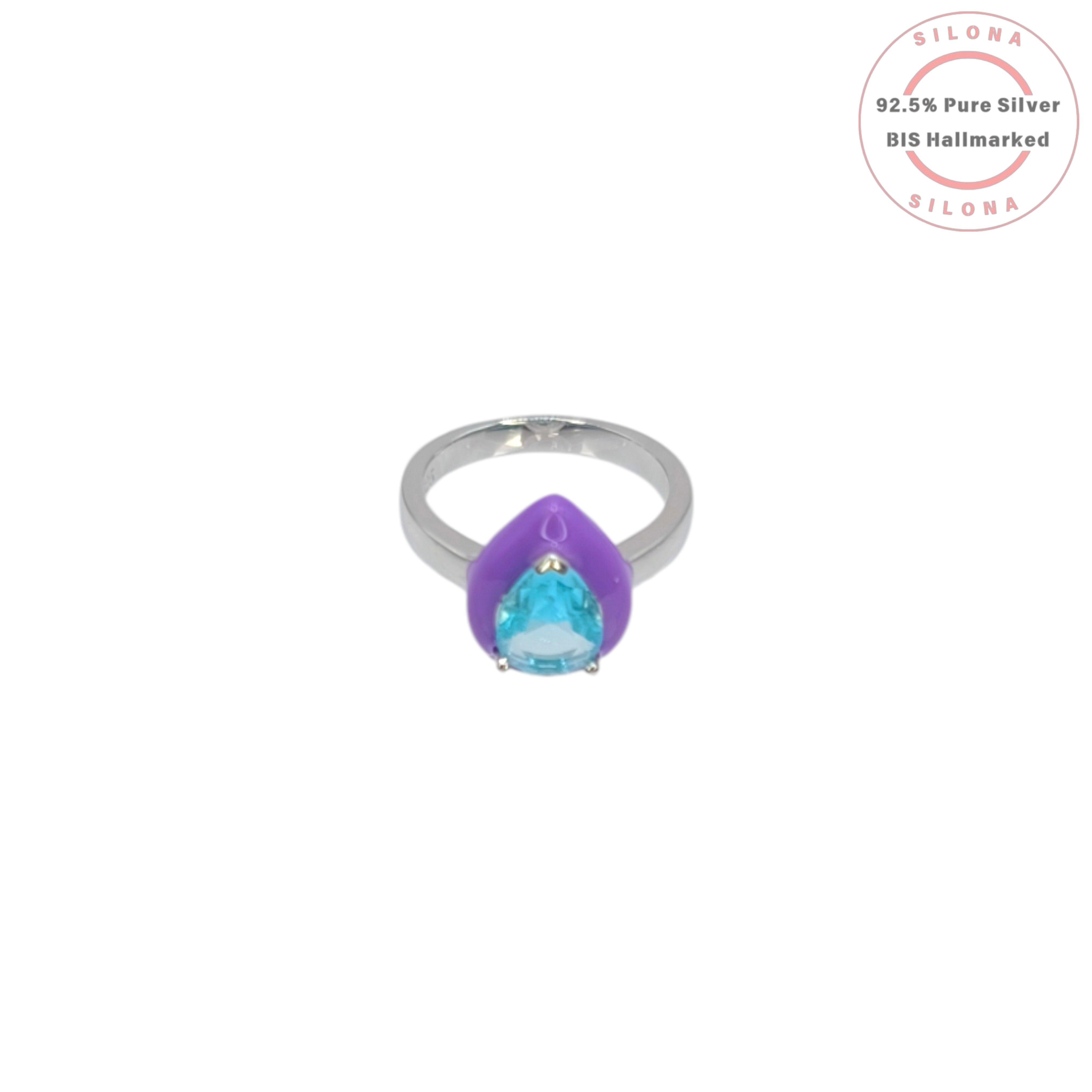 Silona Pop Enamel Ring featuring a pear-cut aqua blue stone set in a vibrant purple enamel base, crafted from 92.5 sterling silver, shown on a white background.