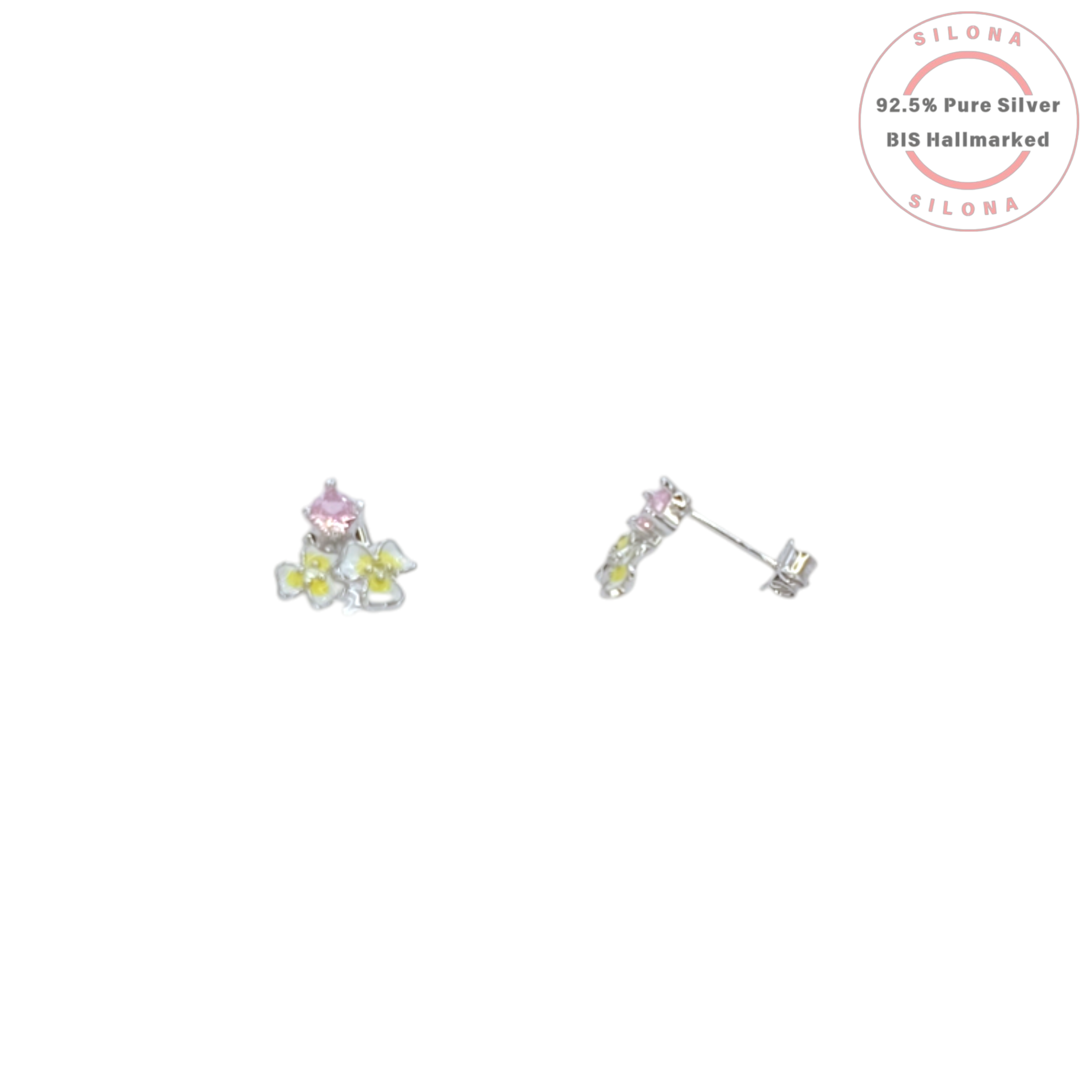 Pair of Silona's Whimsical Enamel Flower Stud Earrings, crafted in 92.5 silver with pink cubic zirconia and yellow enamel flowers, on a white background.