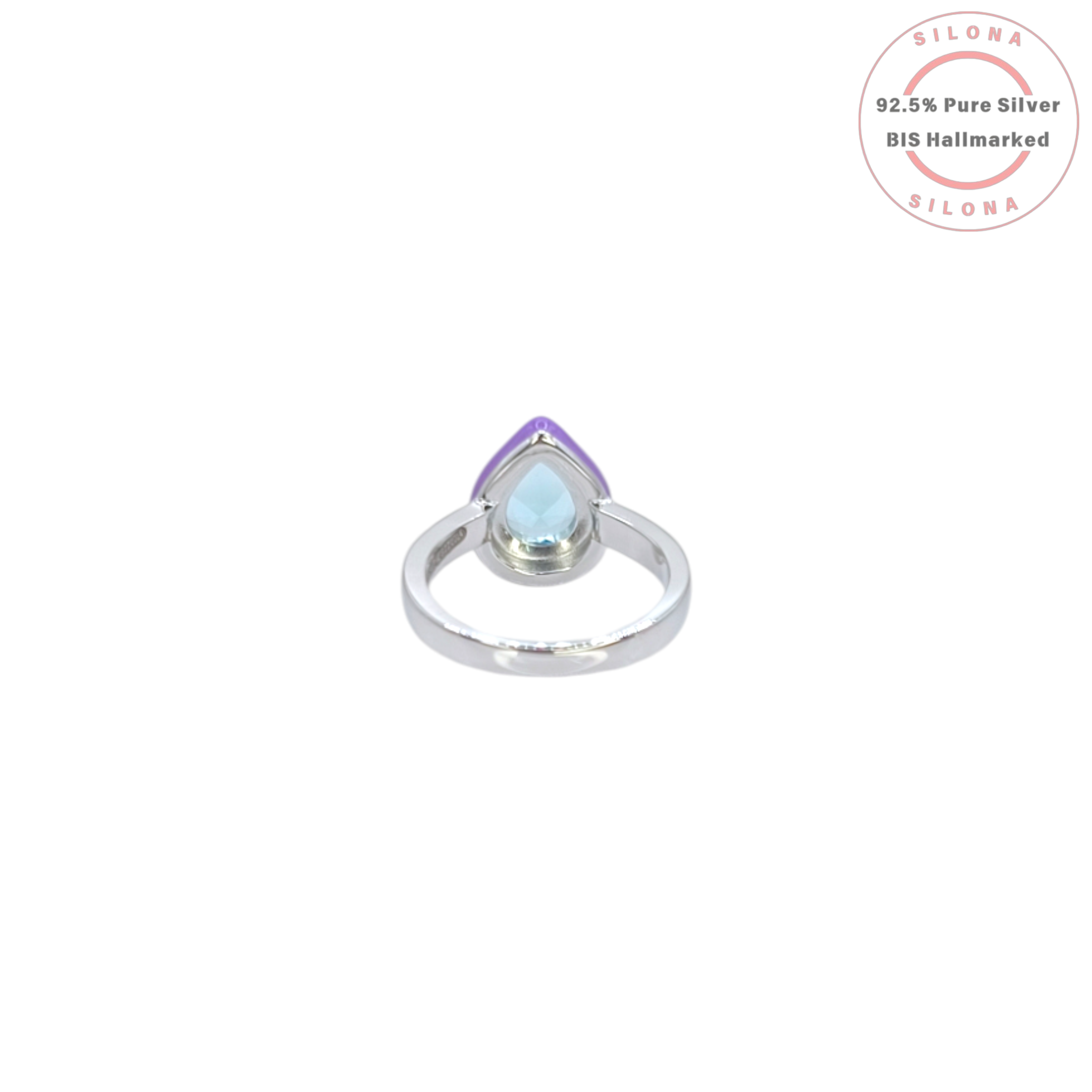 Silona Pop Enamel Ring featuring a pear-cut aqua blue stone set in a vibrant purple enamel base, crafted from 92.5 sterling silver, shown on a white background.