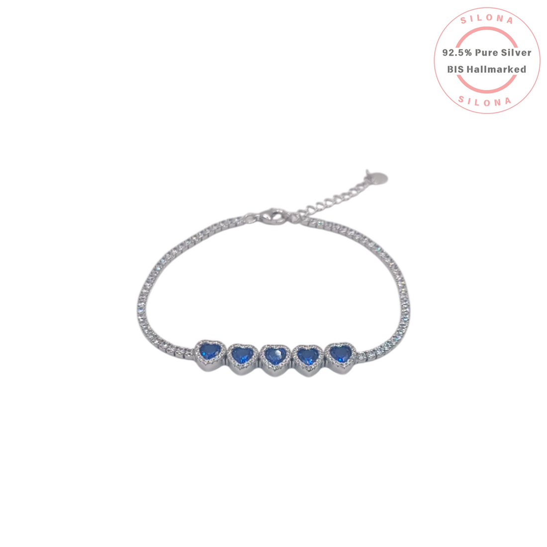 92.5 Silver Azure Heart Bracelet with Clear Stones | BIS Hallmarked