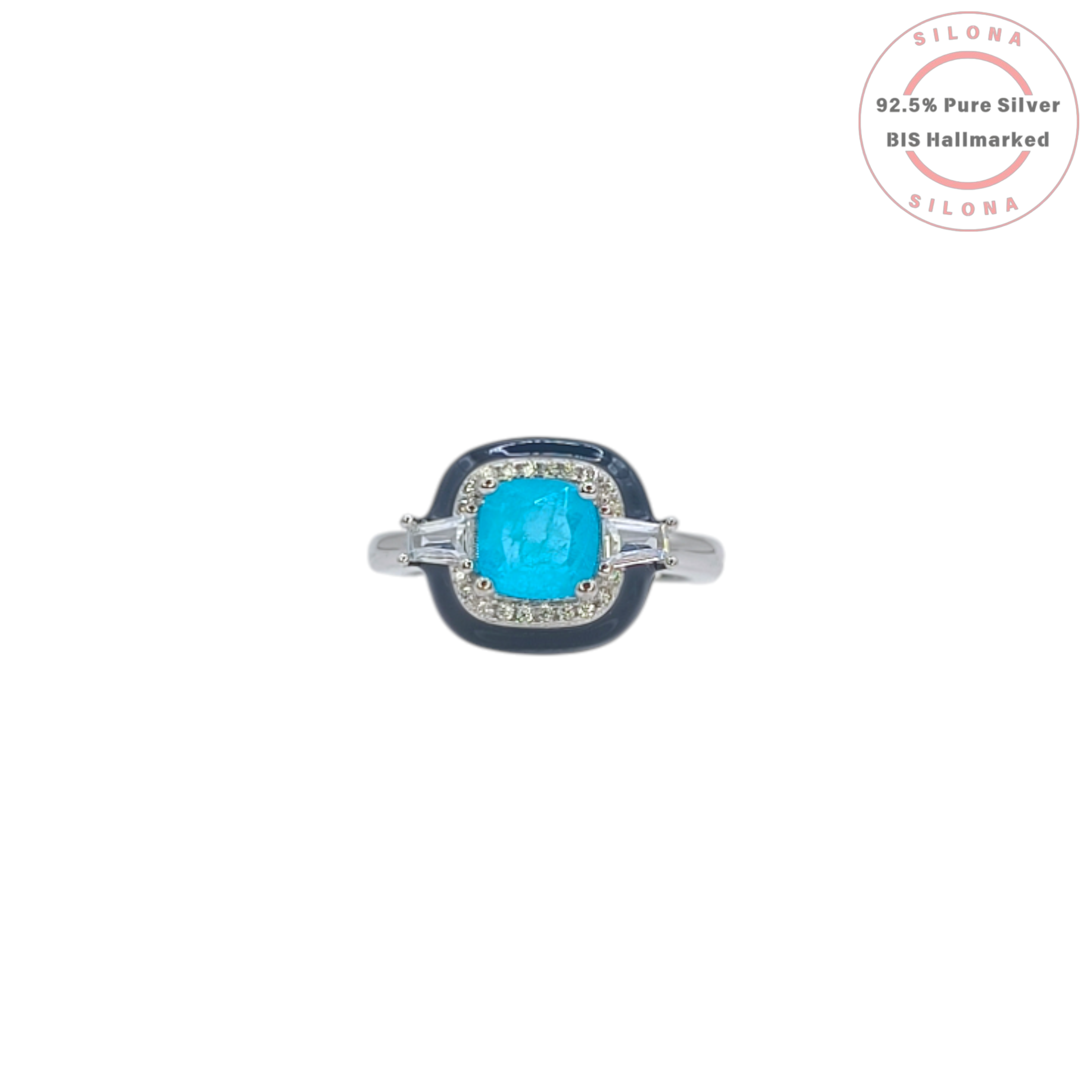 Front view of the Silona Art Deco Paraiba Hue Enamel Ring, featuring a cushion-cut turquoise-blue stone, black enamel halo, and baguette side stones on a 92.5 silver band.