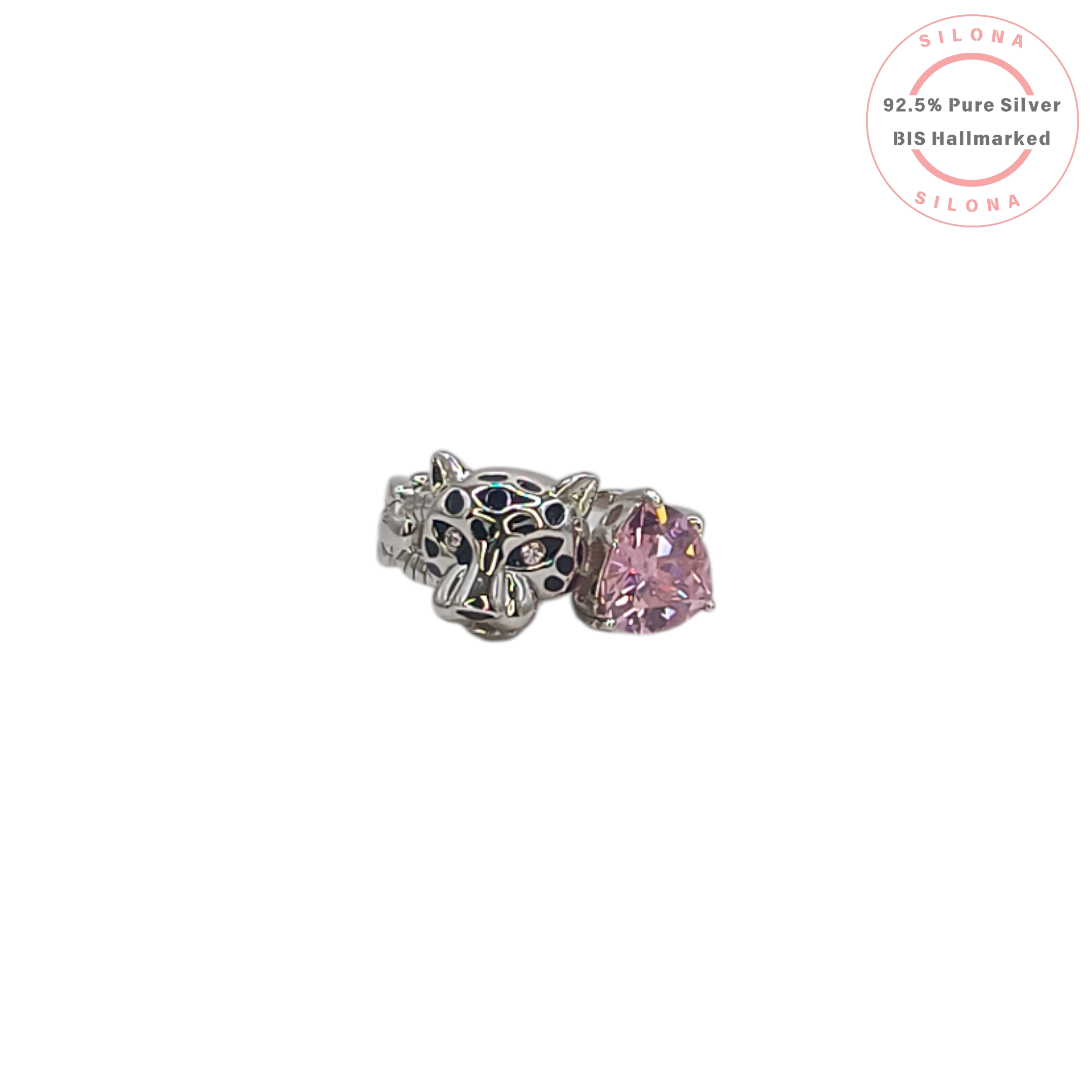 Silona Panther Head and Pink Heart Stone Ring in 92.5 Silver with Black Enamel Detail.