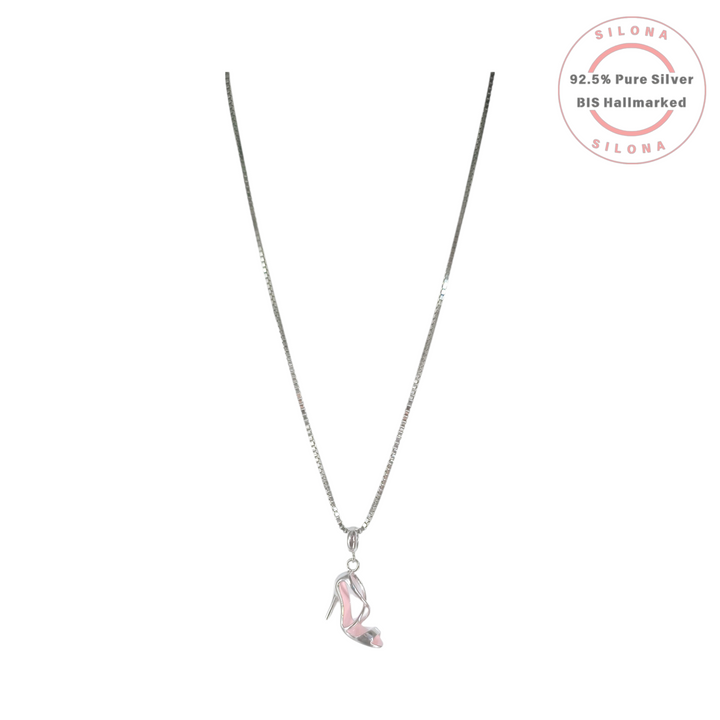 Silona's Chic High Heel Pendant Necklace featuring a pink enamel stiletto charm on a 92.5 sterling silver box chain.