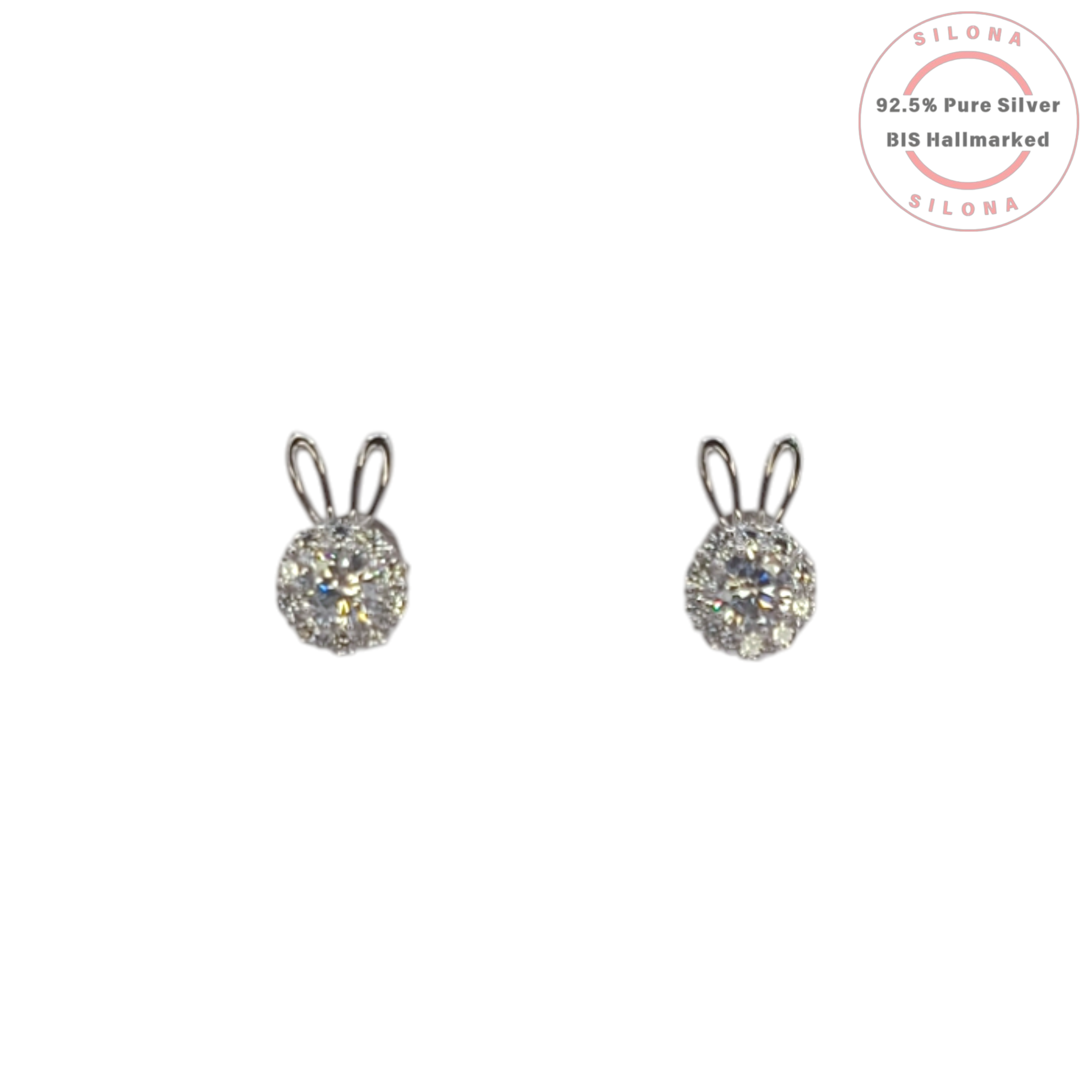 A pair of sterling silver bunny ear stud earrings, each with a central round cubic zirconia in a halo setting, on a clean white background.