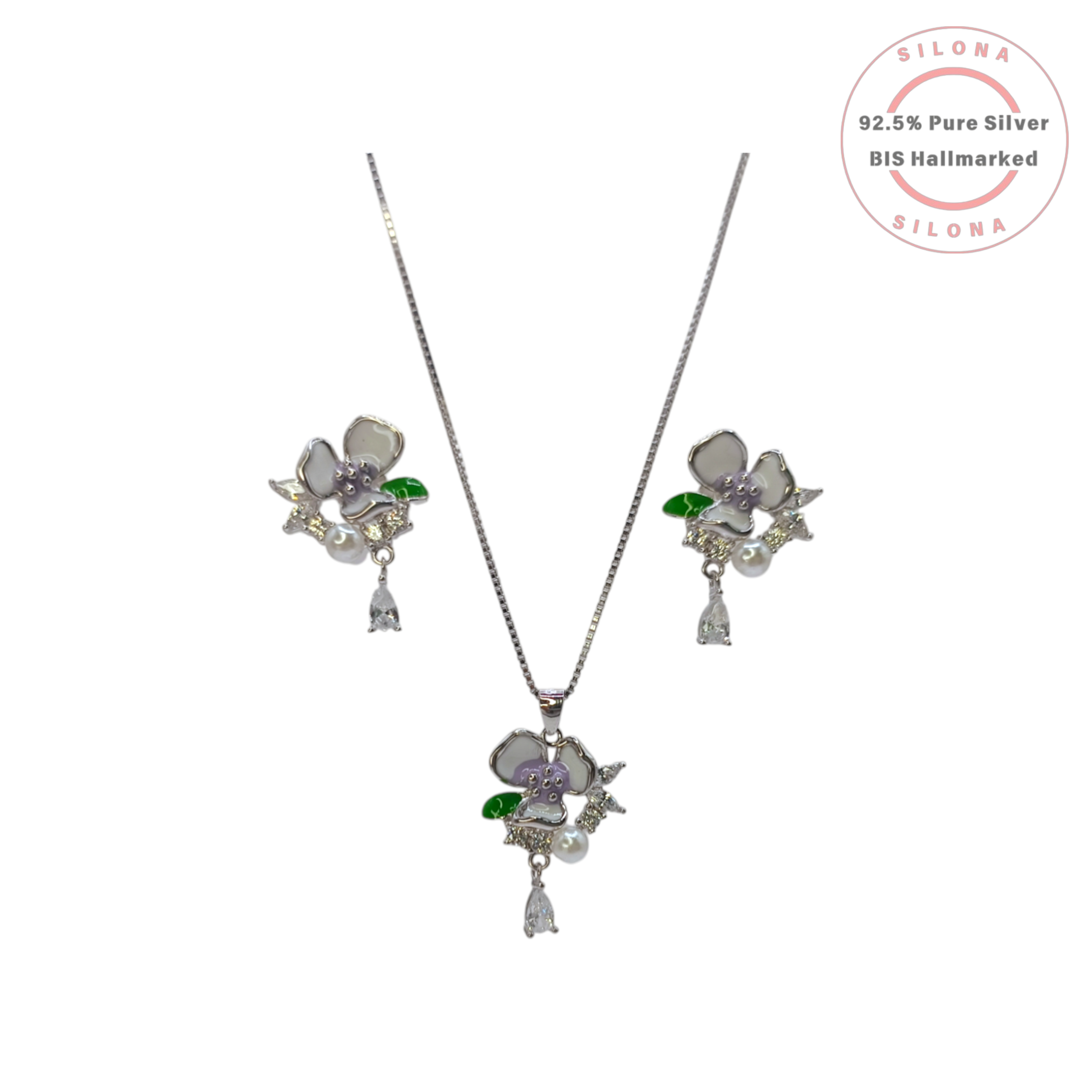 Silona Enamel Pansy Necklace and Earring Set in 92.5 Silver, featuring lavender and white enamel, pearls, and teardrop CZ stones on a white background.