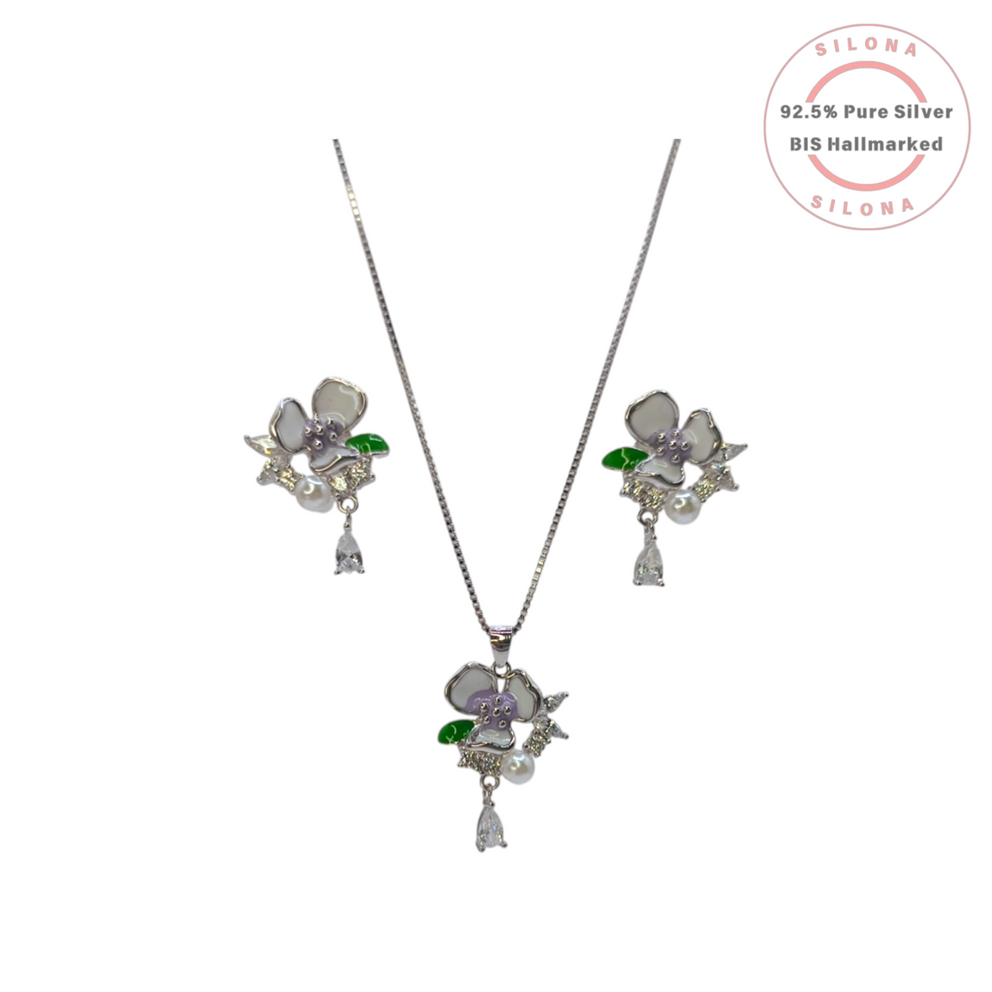 Silona Enamel Pansy Necklace and Earring Set in 92.5 Silver, featuring lavender and white enamel, pearls, and teardrop CZ stones on a white background.