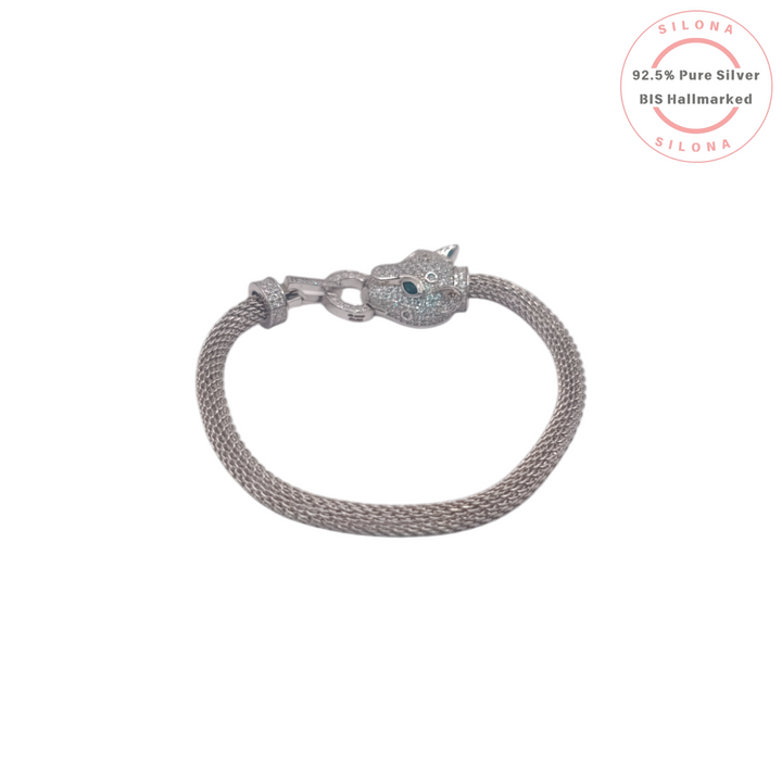 Silona Panther Head Mesh Bracelet in 92.5 Silver with Pave Cubic Zirconia and Green Stone Eyes, on a white background.