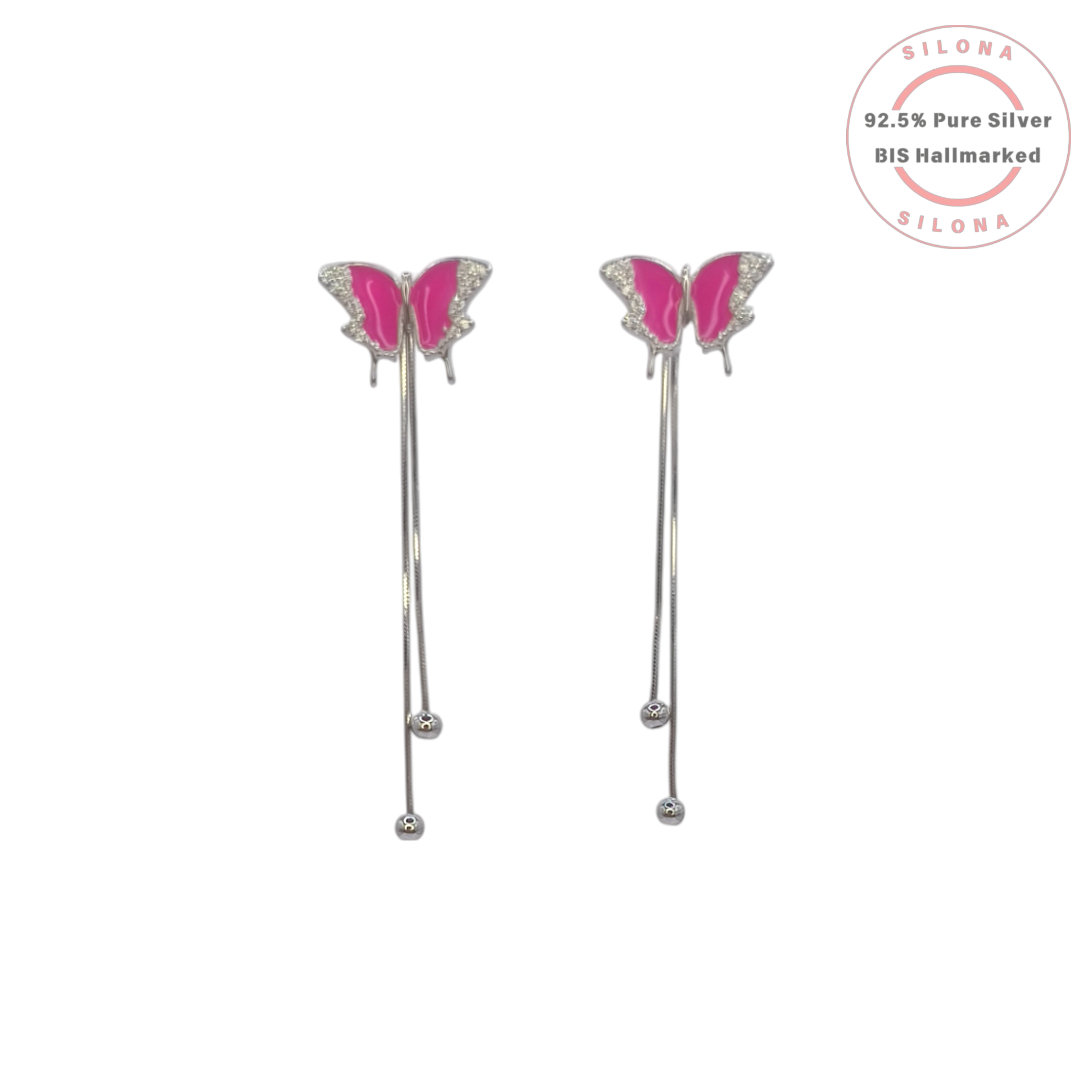 A pair of Silona's Vivid Pink Butterfly Tassel Earrings in 92.5 silver, featuring fuchsia pink enamel and long silver chain tassels, on a white background.