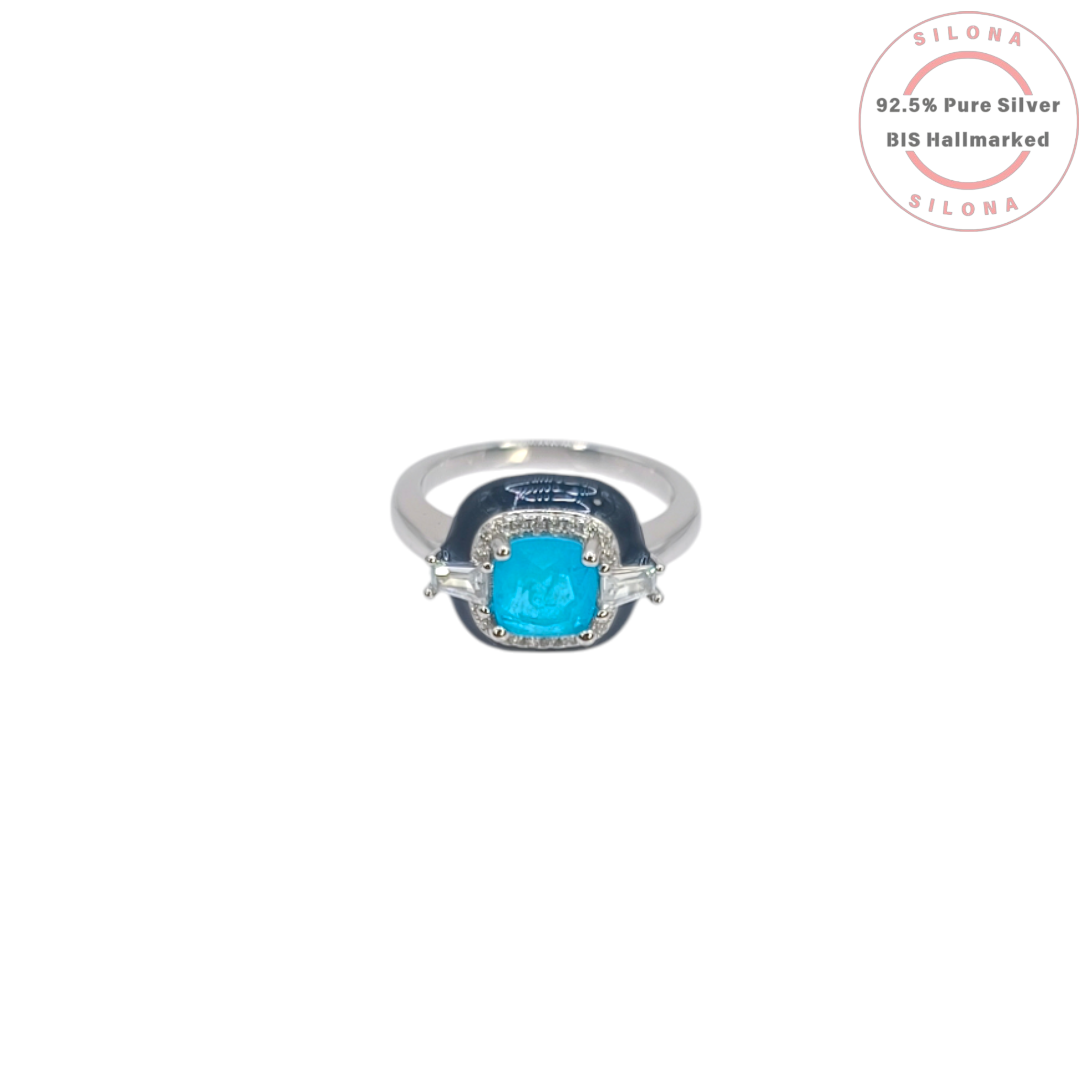 Front view of the Silona Art Deco Paraiba Hue Enamel Ring, featuring a cushion-cut turquoise-blue stone, black enamel halo, and baguette side stones on a 92.5 silver band.