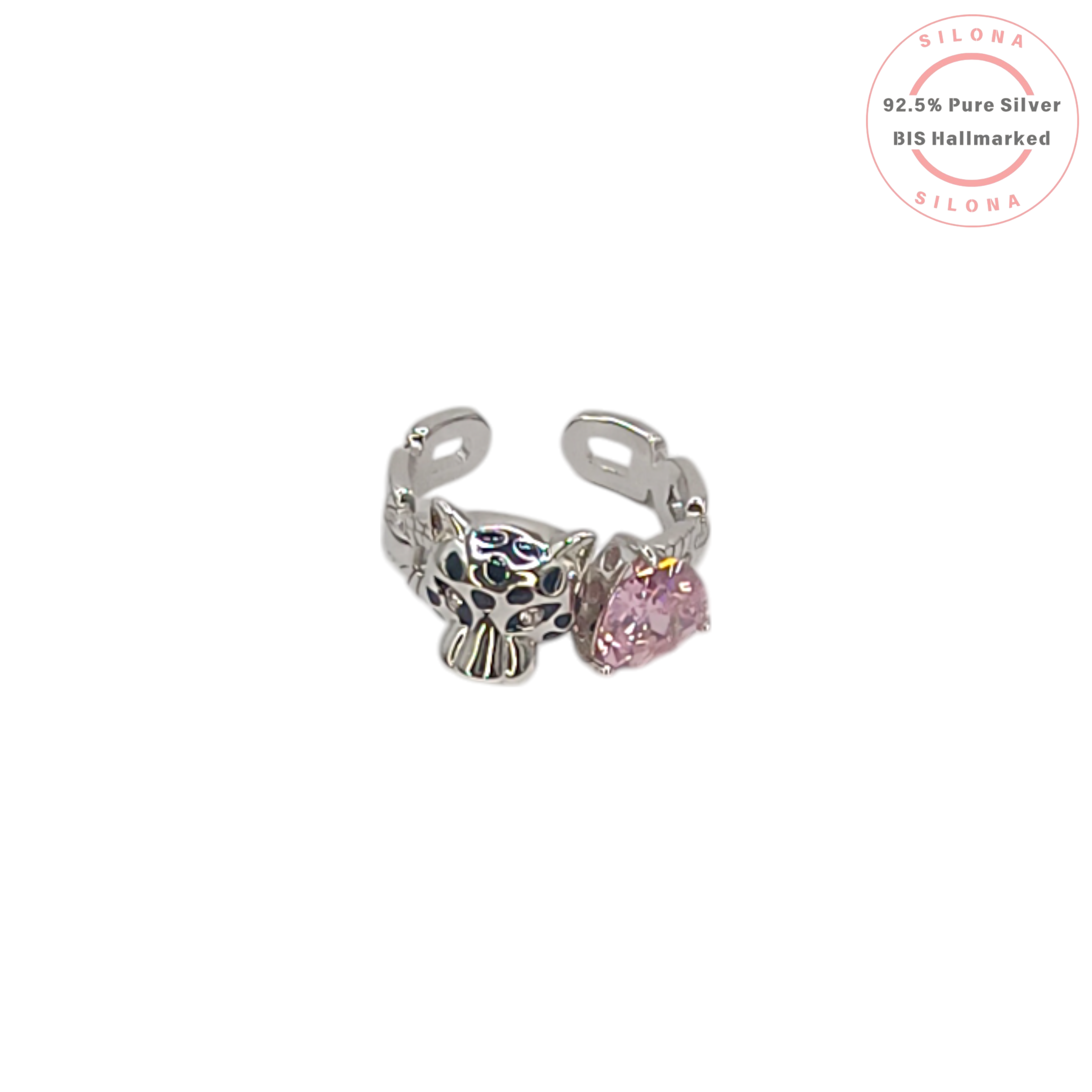 Silona Panther Head and Pink Heart Stone Ring in 92.5 Silver with Black Enamel Detail.