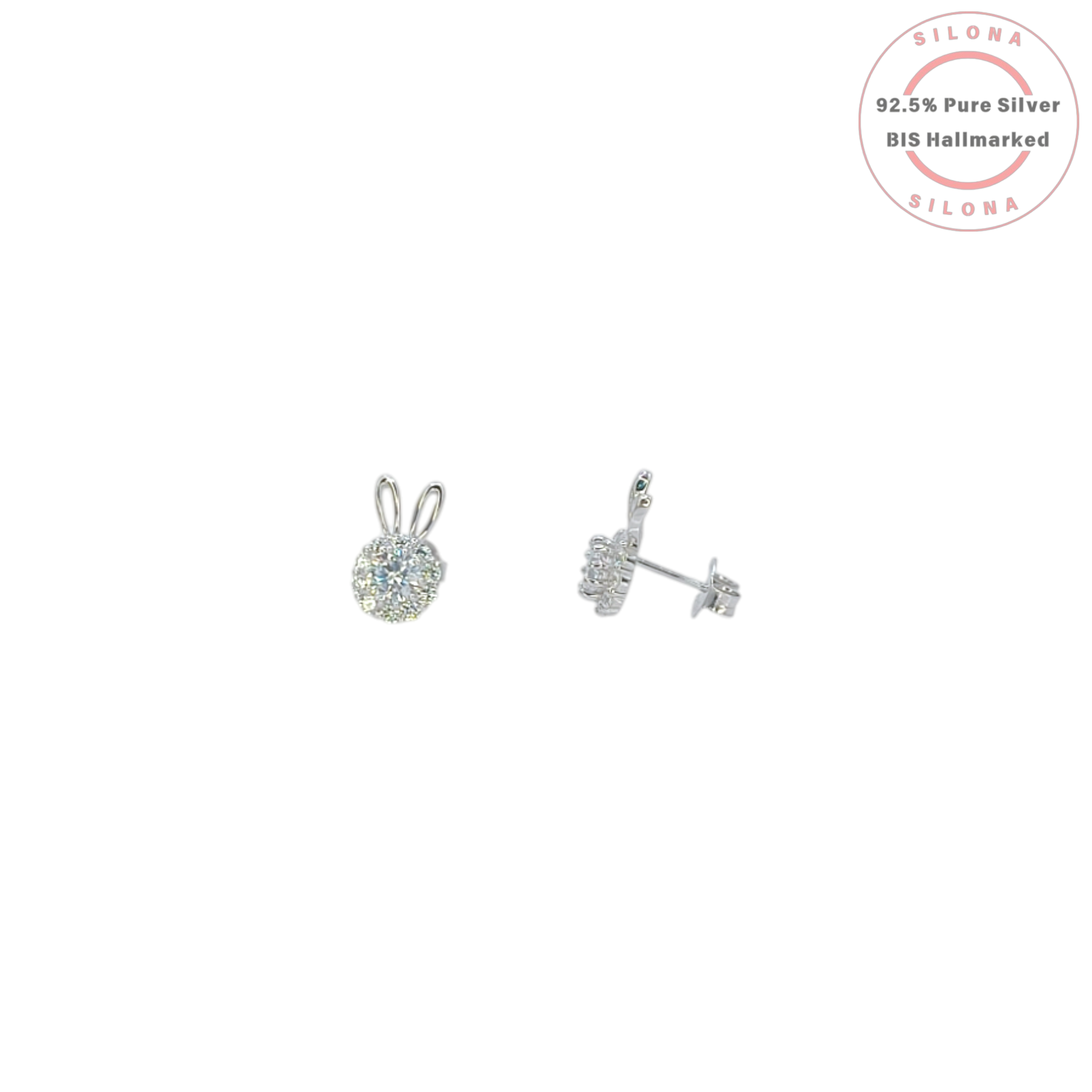 A pair of sterling silver bunny ear stud earrings, each with a central round cubic zirconia in a halo setting, on a clean white background.