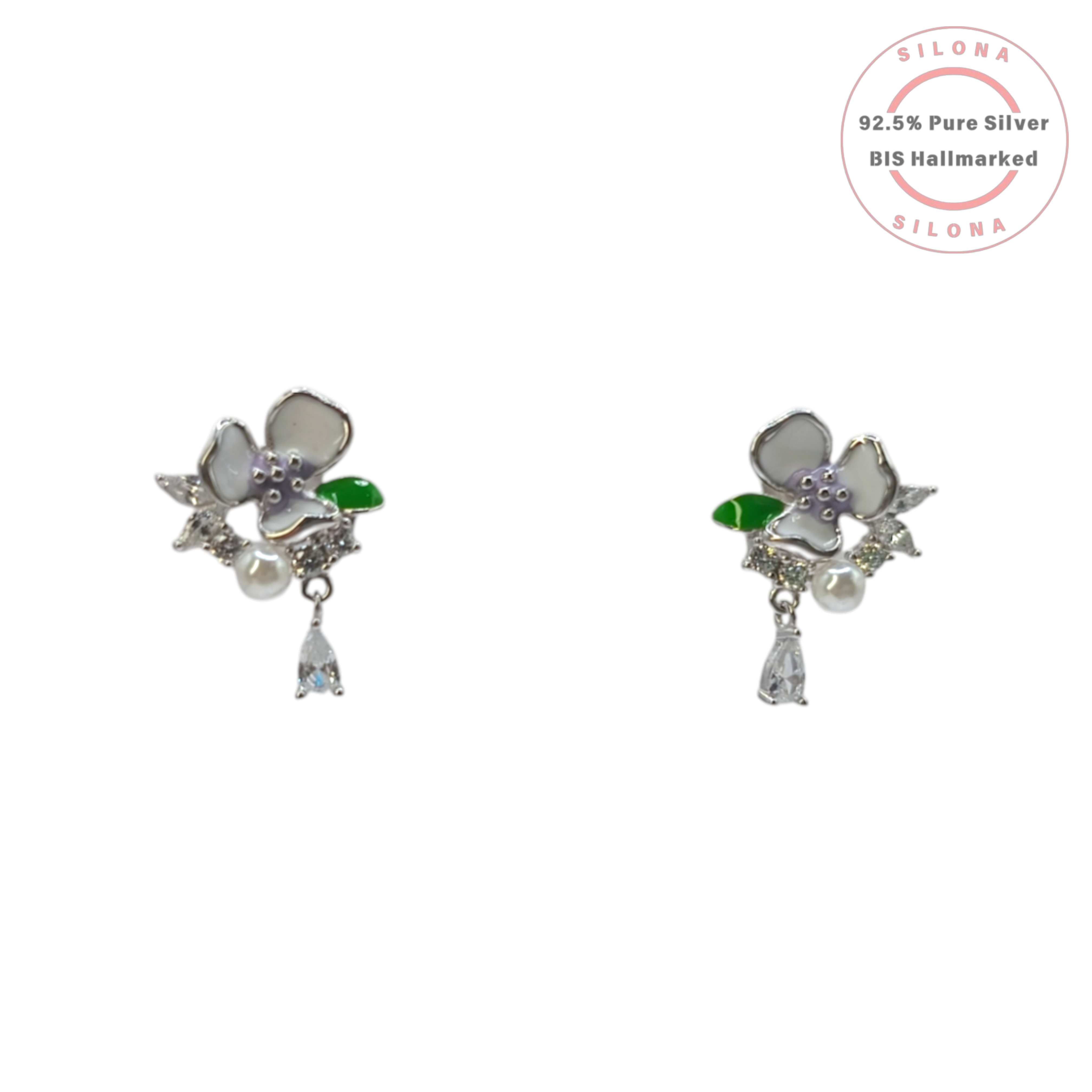 Silona Enamel Pansy Necklace and Earring Set in 92.5 Silver, featuring lavender and white enamel, pearls, and teardrop CZ stones on a white background.