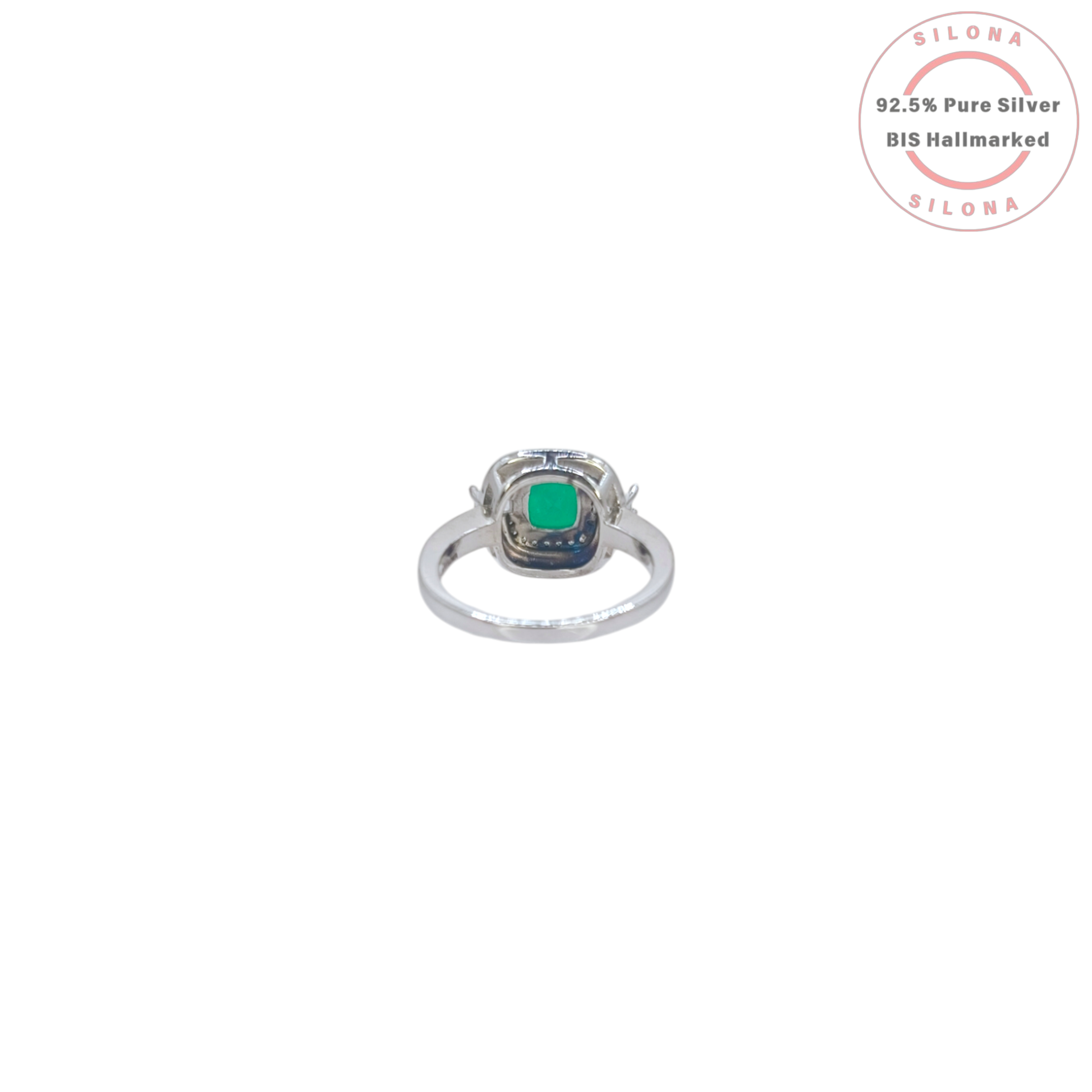 Front view of the Silona Art Deco Paraiba Hue Enamel Ring, featuring a cushion-cut turquoise-blue stone, black enamel halo, and baguette side stones on a 92.5 silver band.