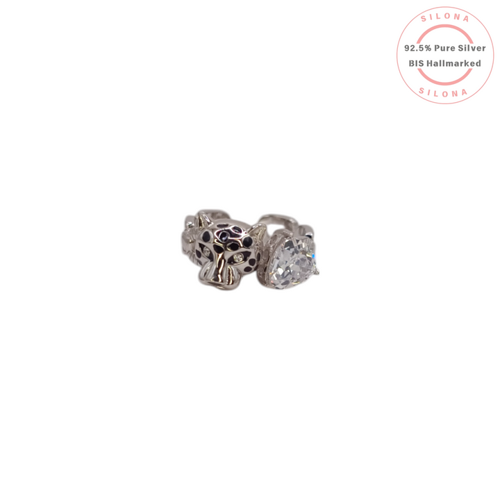 Silona Iconic Panther bypass ring in 92.5 silver, featuring a panther head with black enamel and a large heart-shaped cubic zirconia.