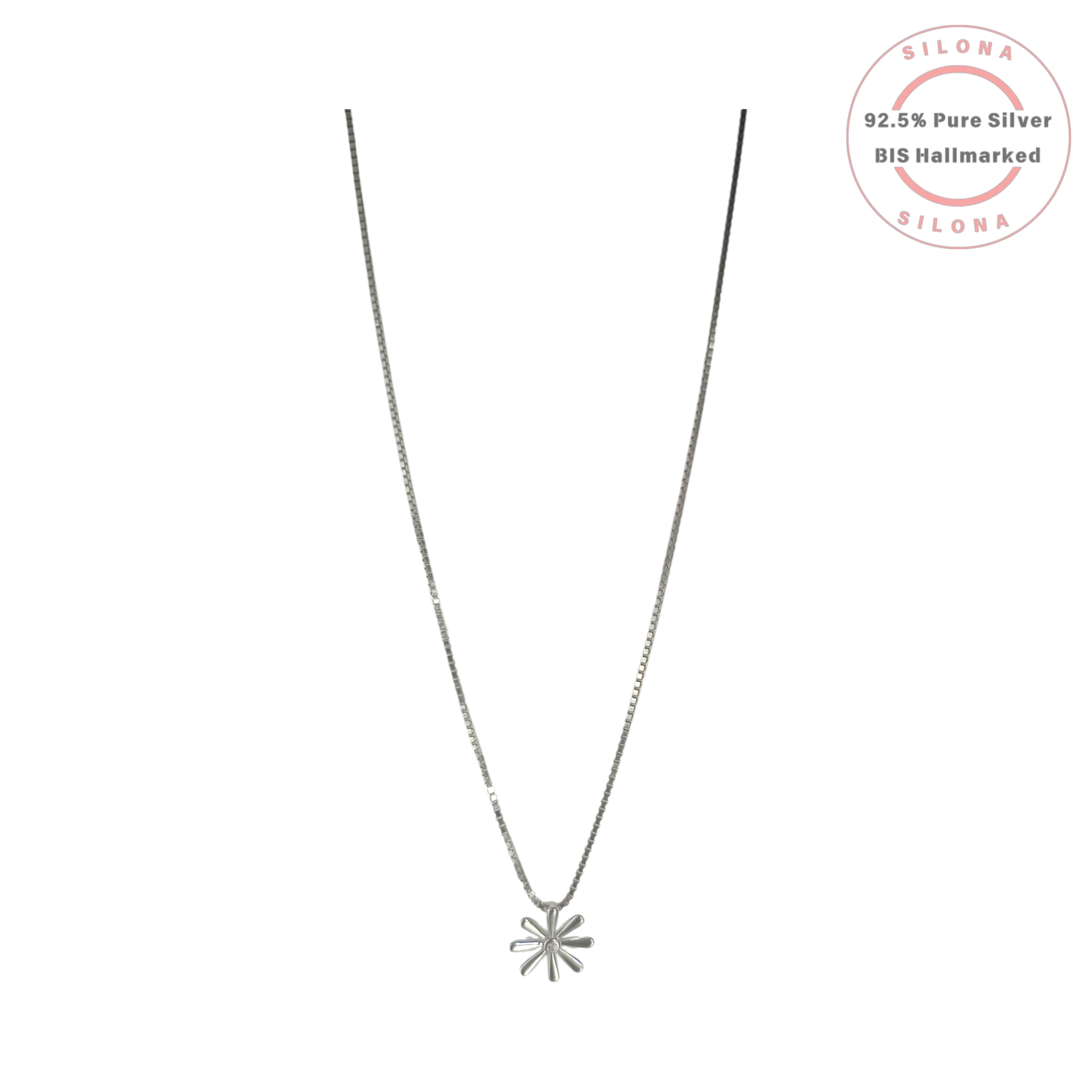 Minimalist daisy pendant necklace in 92.5 silver with a central cubic zirconia on a delicate box chain.