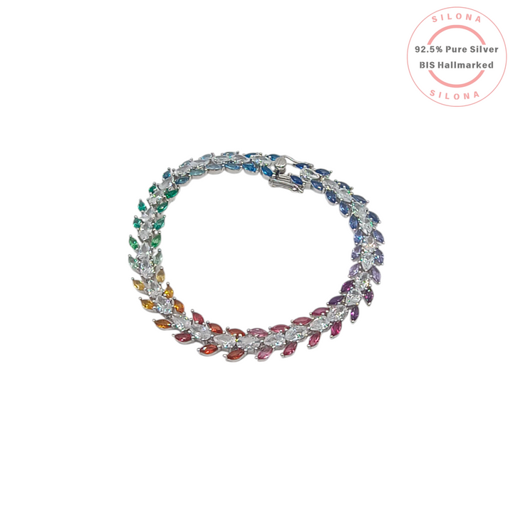 Silona Rainbow Tennis Bracelet with multi-color marquise-cut cubic zirconia stones, set in 92.5 sterling silver, on a white background.