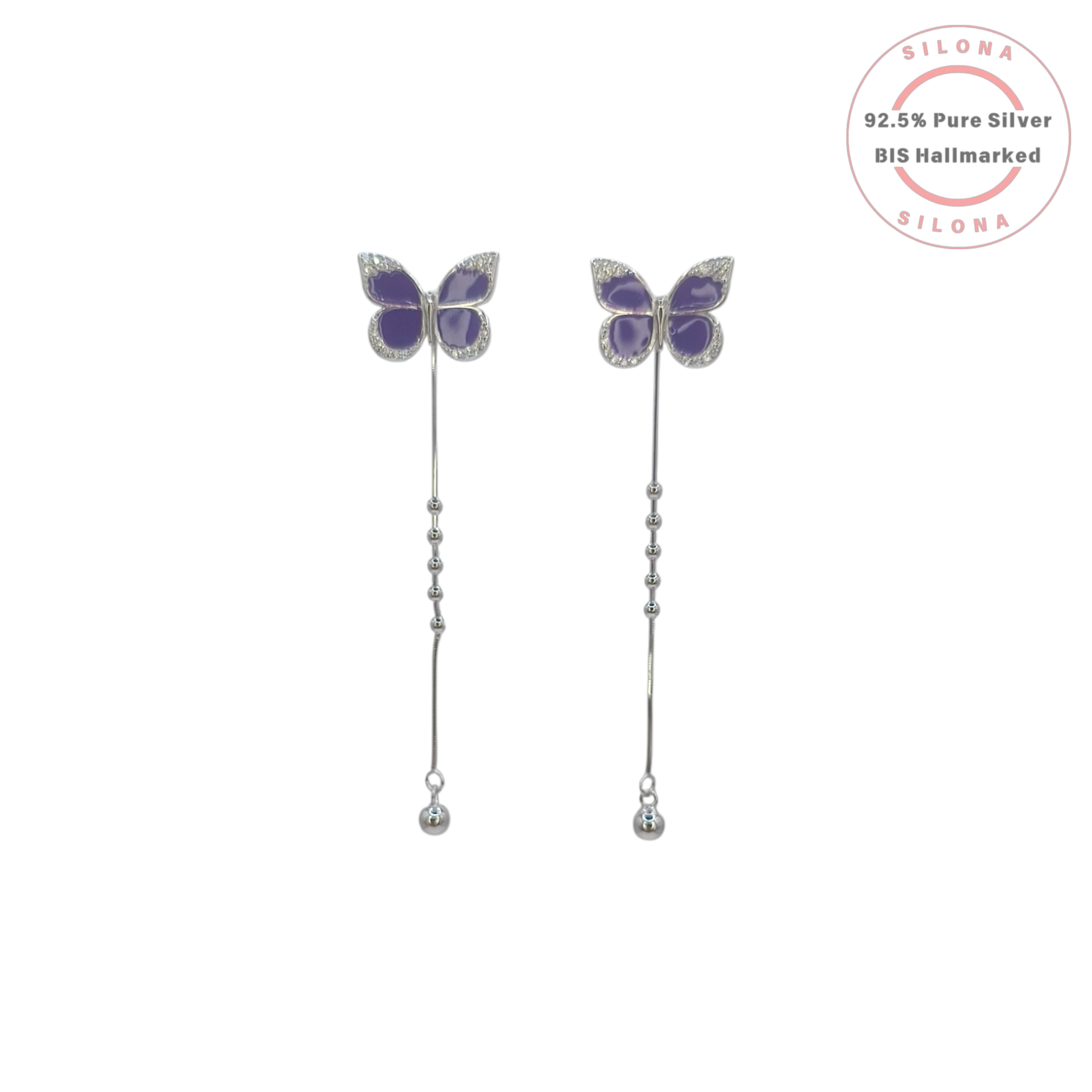 Pair of whimsical purple butterfly drop earrings in 92.5 silver with cubic zirconia accents on a white background.