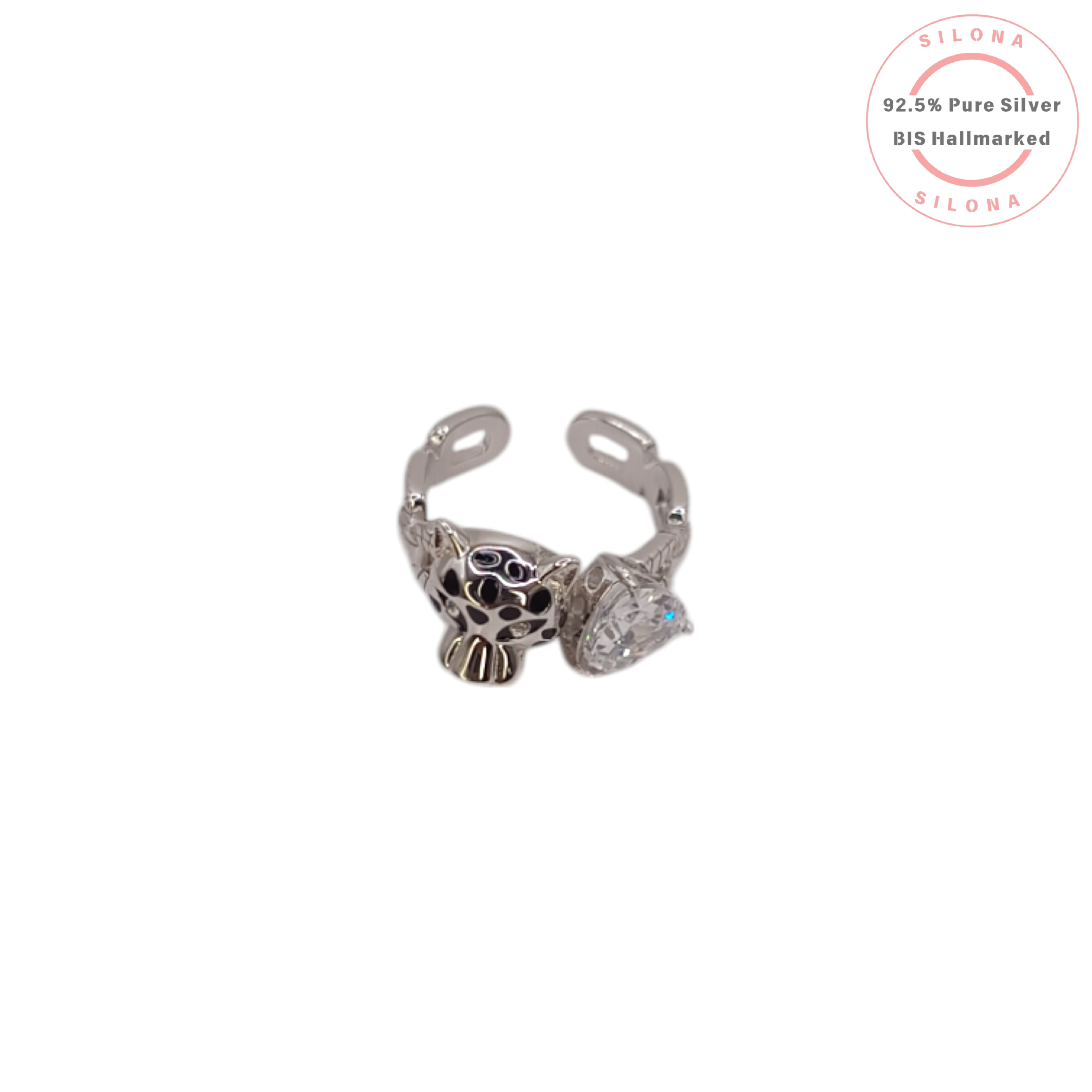Silona Iconic Panther bypass ring in 92.5 silver, featuring a panther head with black enamel and a large heart-shaped cubic zirconia.