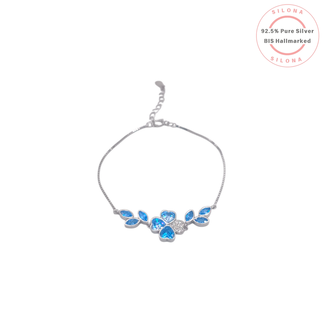 92.5 Sterling Silver Blue Topaz and Clear Stone Floral Bracelet | BIS Hallmarked