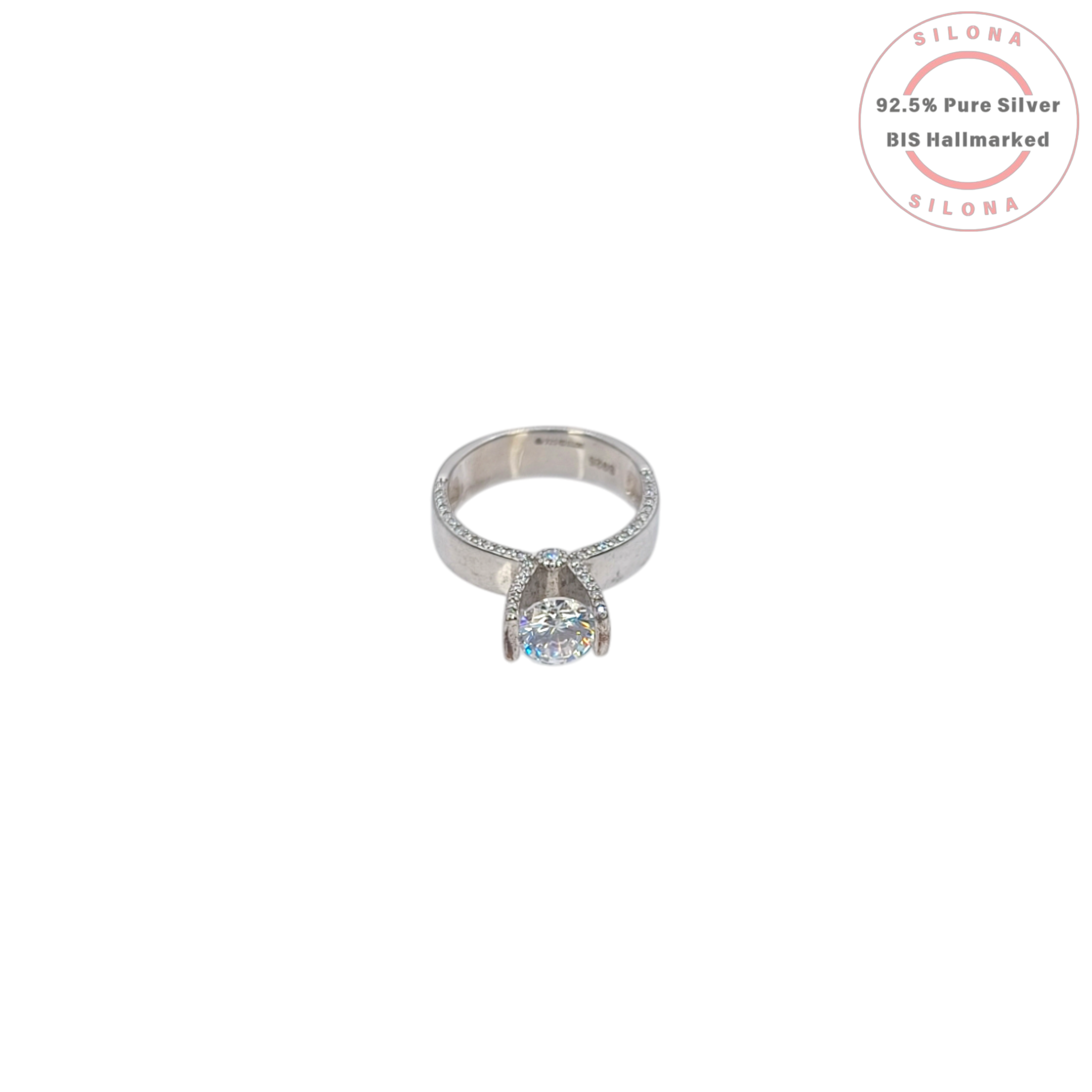 Silona's Brilliant Dewdrop Solitaire Ring in 92.5 pure silver, featuring a central brilliant-cut cubic zirconia in a V-shaped setting with a pavé band, on a white background.