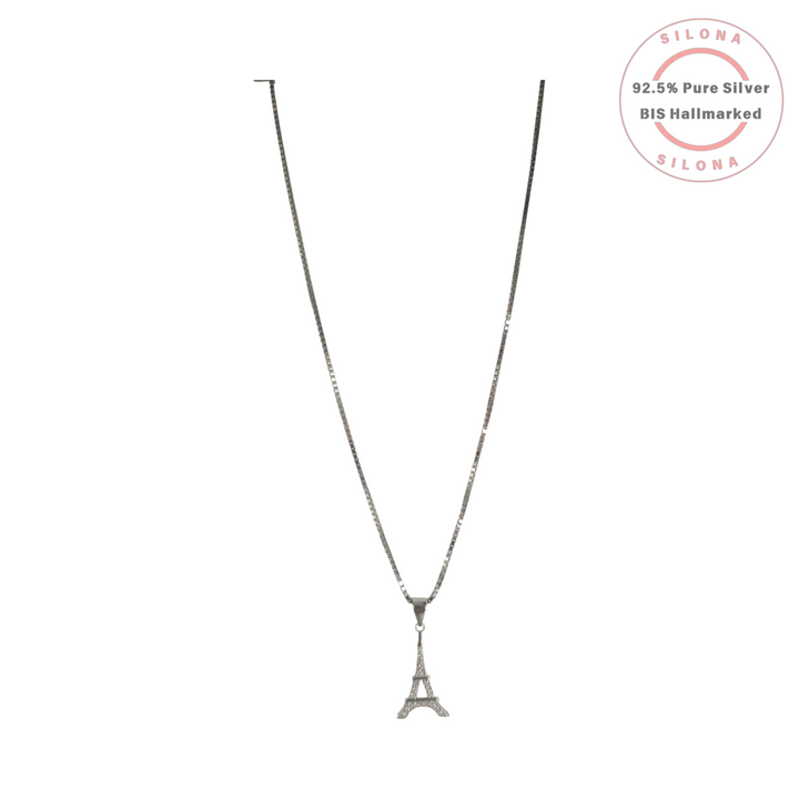 Silona's Sparkling Eiffel Tower Necklace with a cubic zirconia pavé pendant on a 92.5 sterling silver box chain.