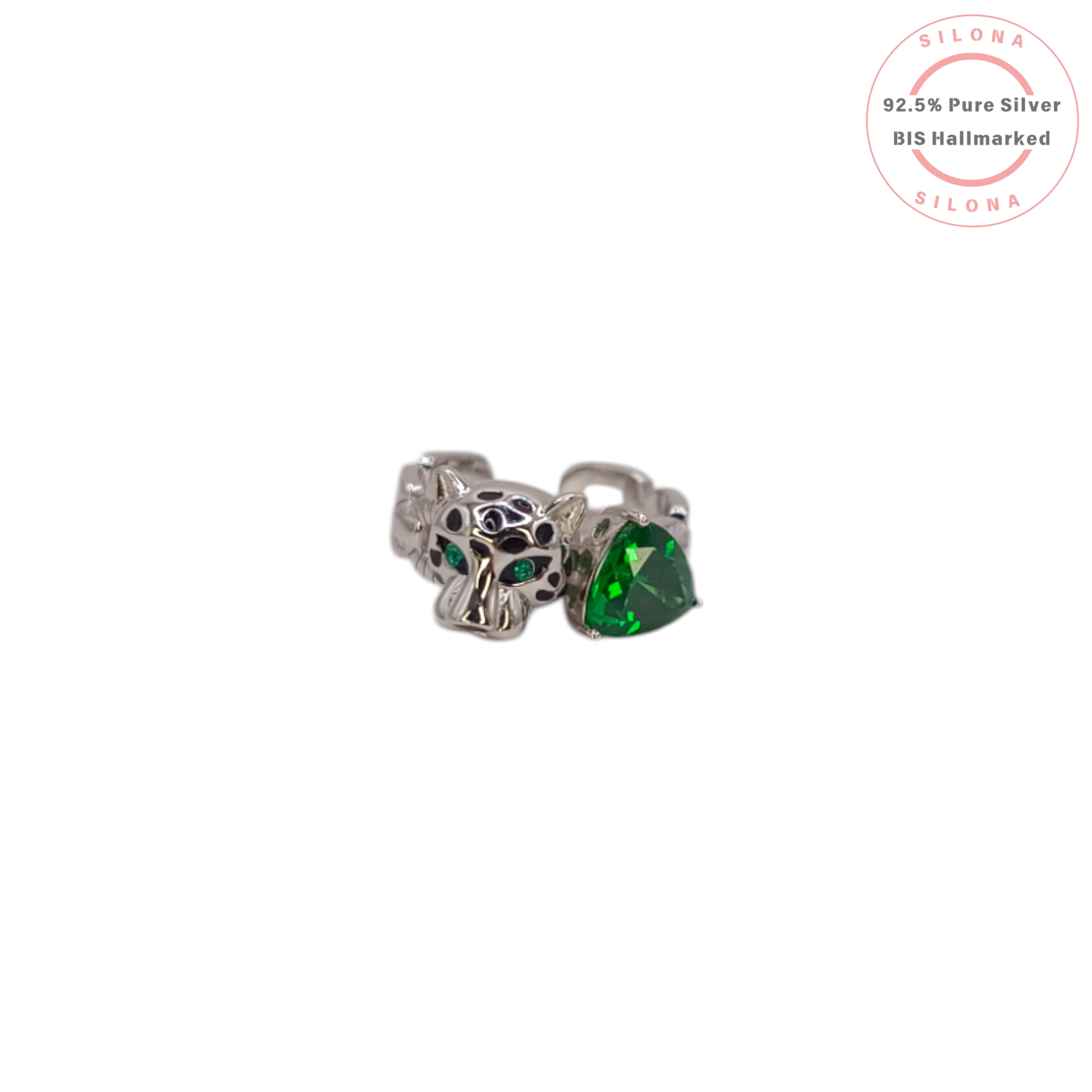 Silona Statement Panther Ring in 92.5 silver, featuring a panther head with black enamel spots, green stone eyes, and a large trillion-cut green stone.