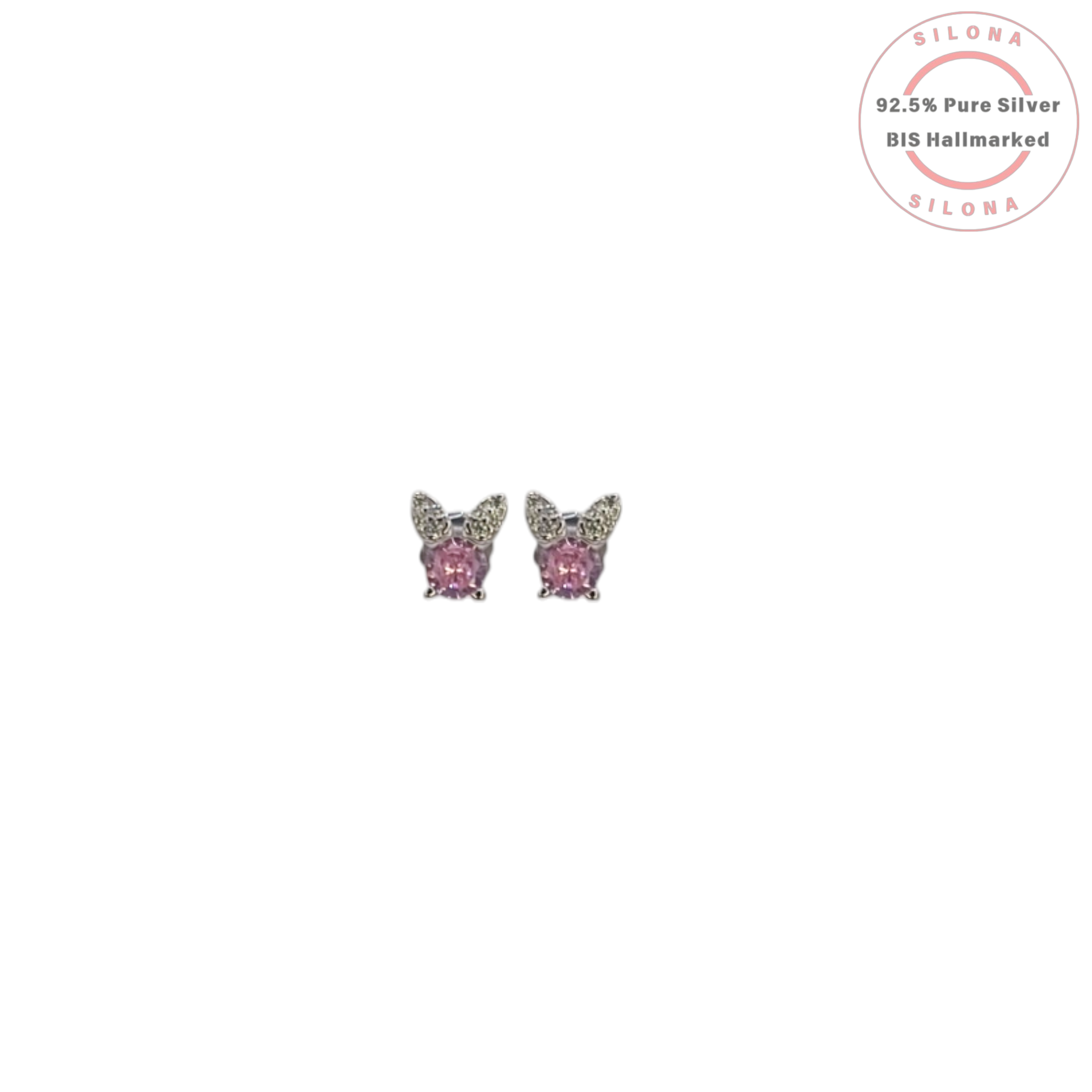 Pair of Silona silver butterfly stud earrings with pink cubic zirconia stones and pavé set wings on a white background.